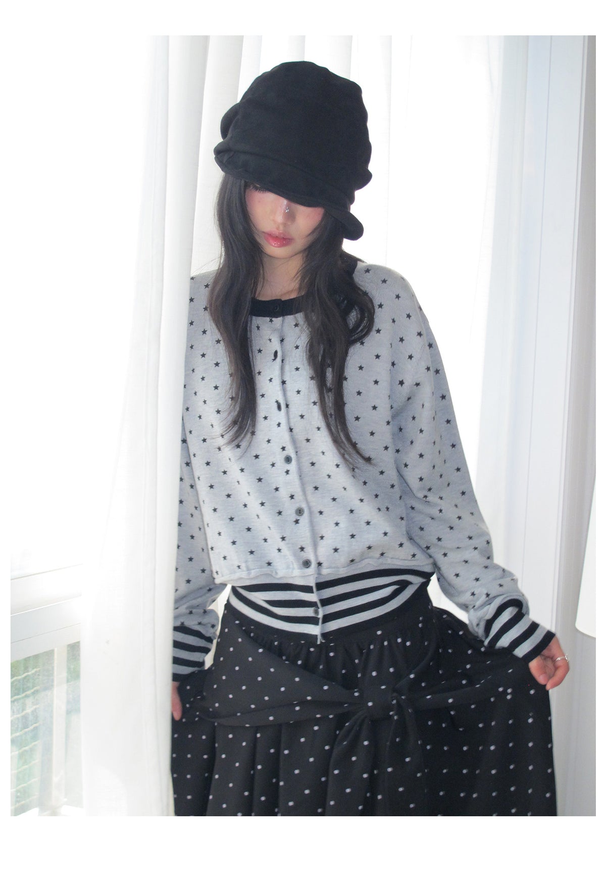 Star Print Contrast-Trim Knit Cardigan