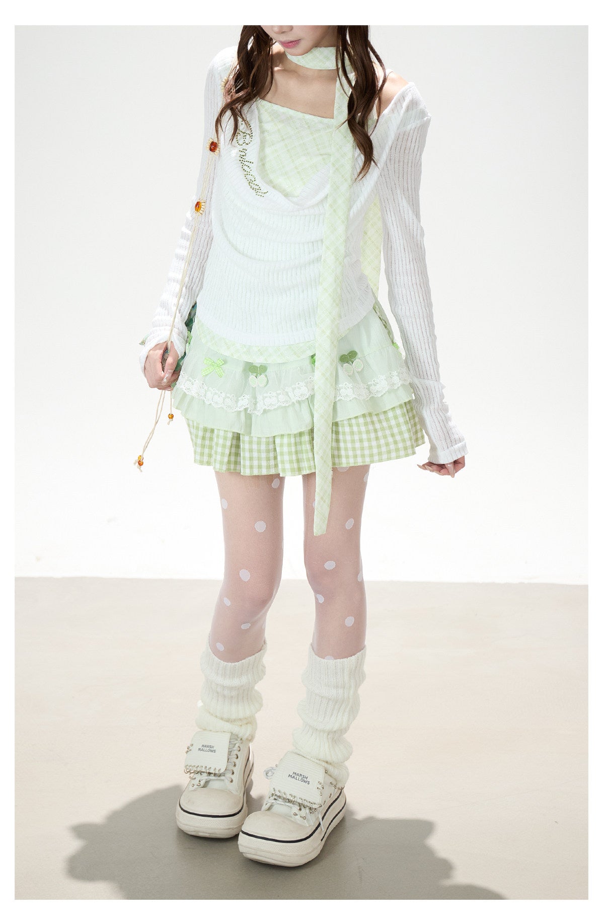 Mint Gingham Layered Knit Long Sleeve Top & Cherry Ruffle Mini Skirt