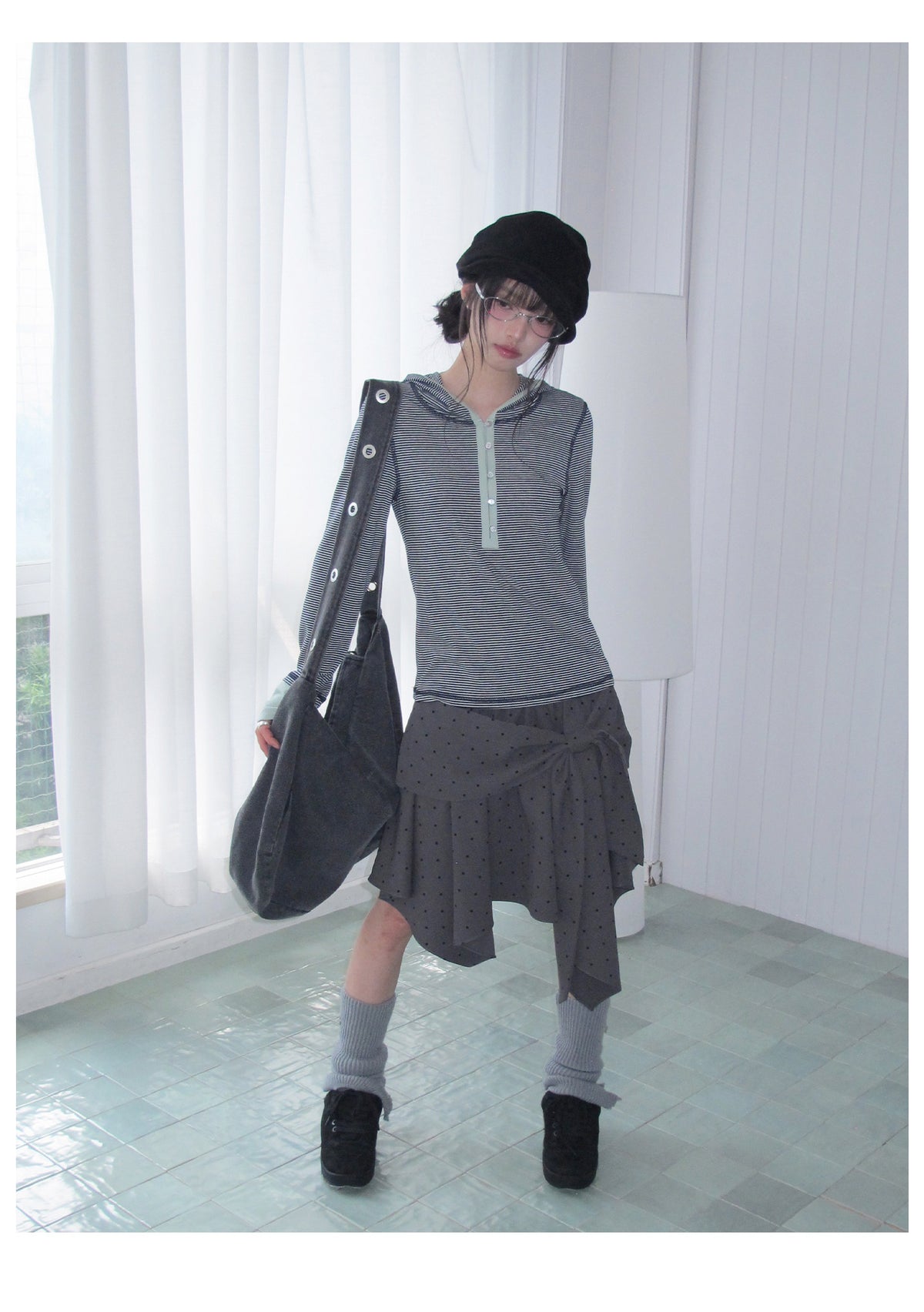 Blue-Gray Stripe Contrast Hooded Long Sleeve Top