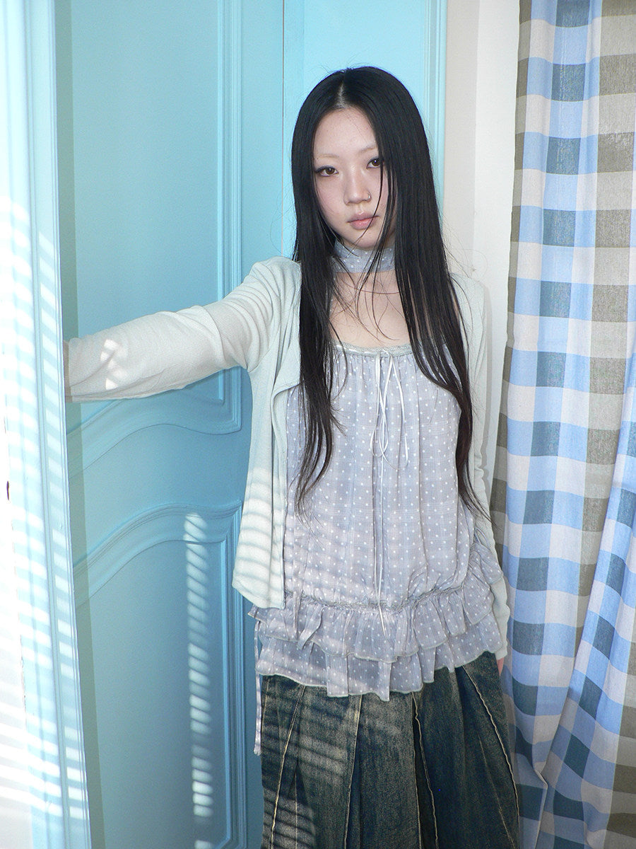 Polka Dot Ruffle Camisole & Cardigan Set with Scarf