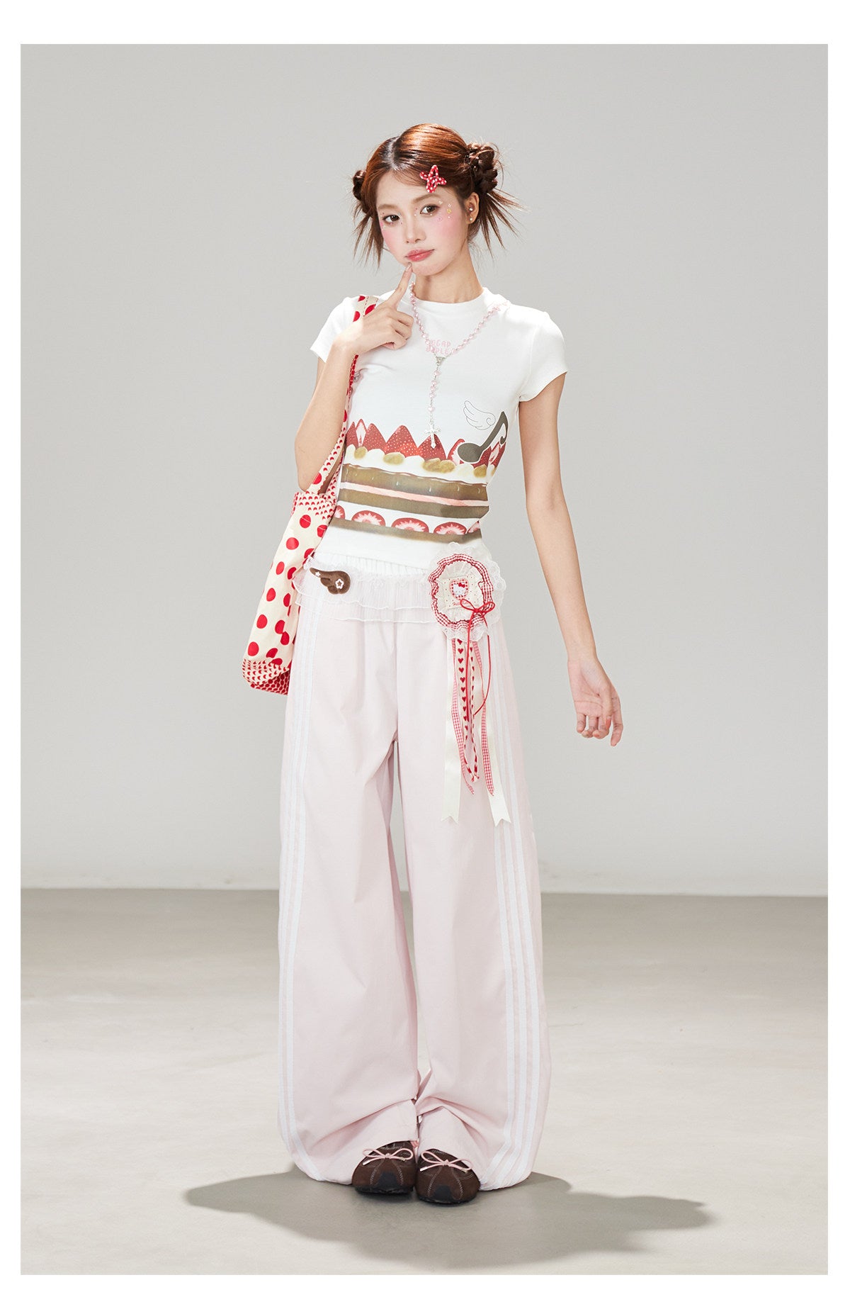 Ruffle Waist Side Stripe Wide-Leg Pants