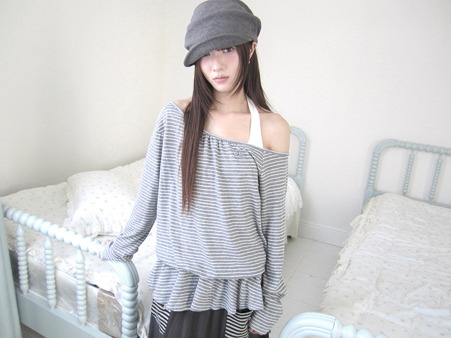Striped Off-Shoulder Ruffle Layered Long Sleeve Top