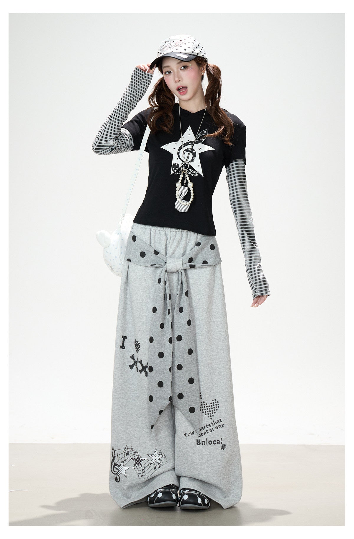 Music Note Star Layered Hoodie Top & Polka Dot Tie-Waist Wide-Leg Pants