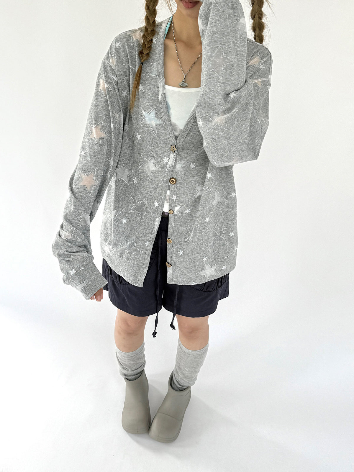 Star Print Lightweight V-Neck Cardigan