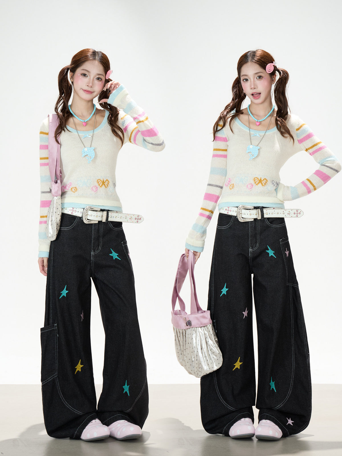 Star Embroidered Deconstructed Wide-Leg Cargo Jeans