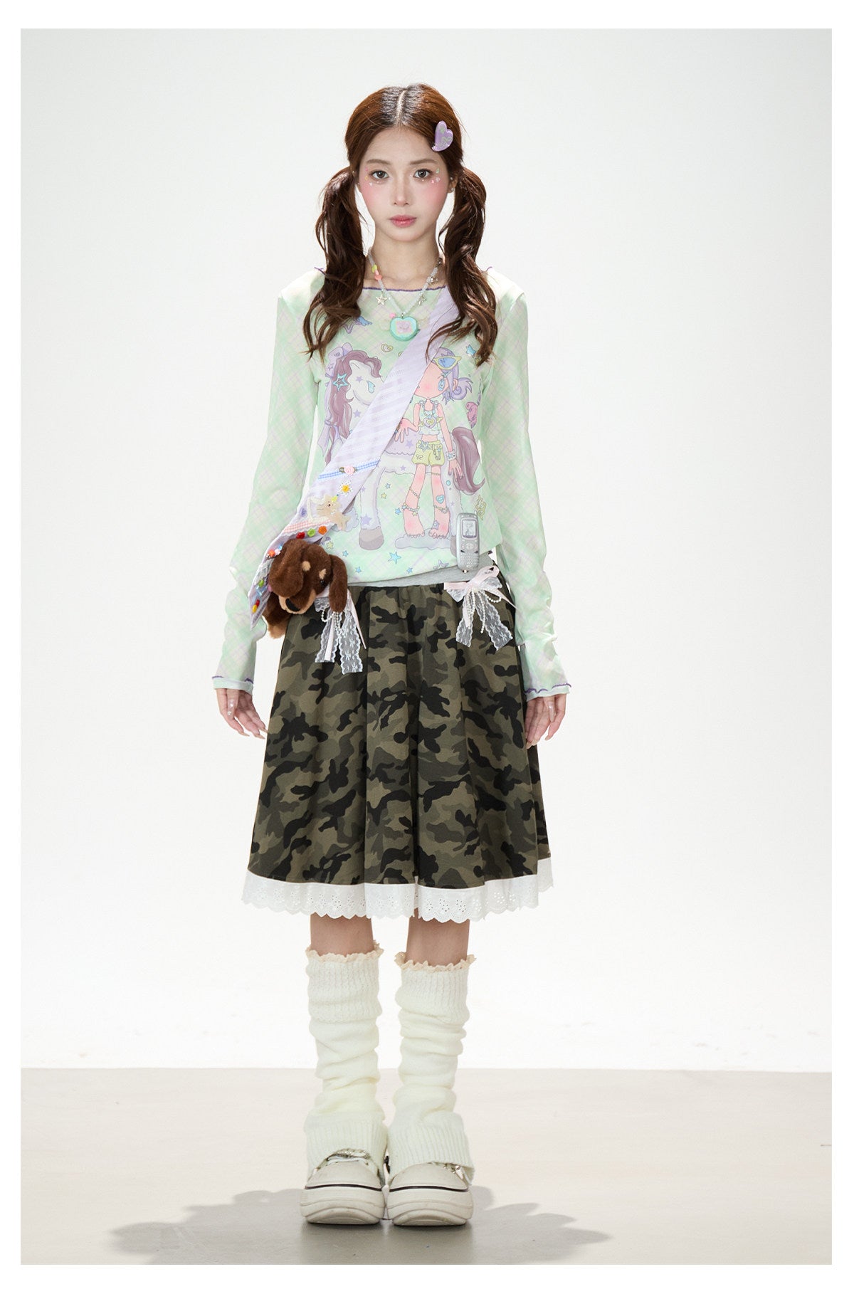 Pastel Anime Plaid Long Sleeve Top & Camo Lace-Trim Midi Skirt