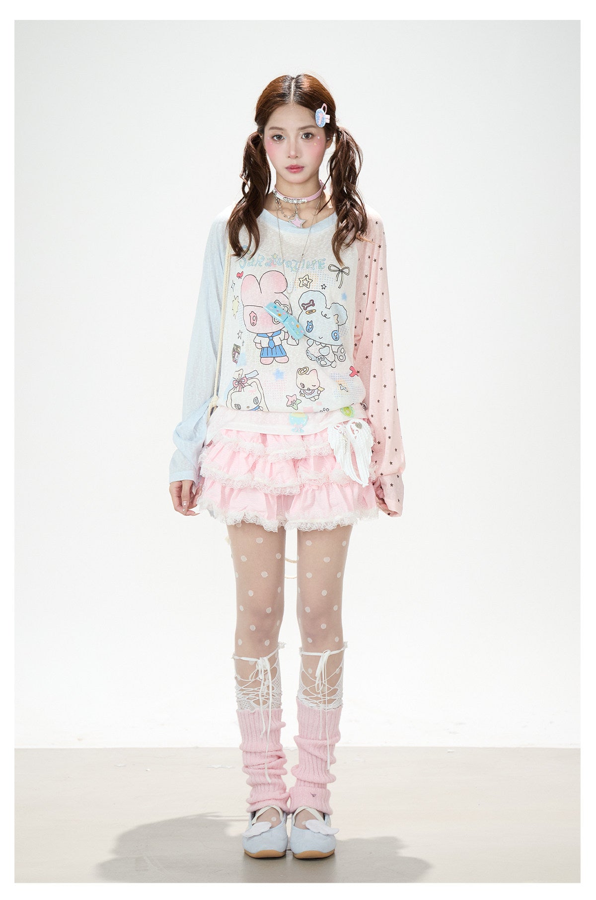 Cartoon Star Sheer Long Sleeve Top & Black Music Lace Gingham Mini Skirt