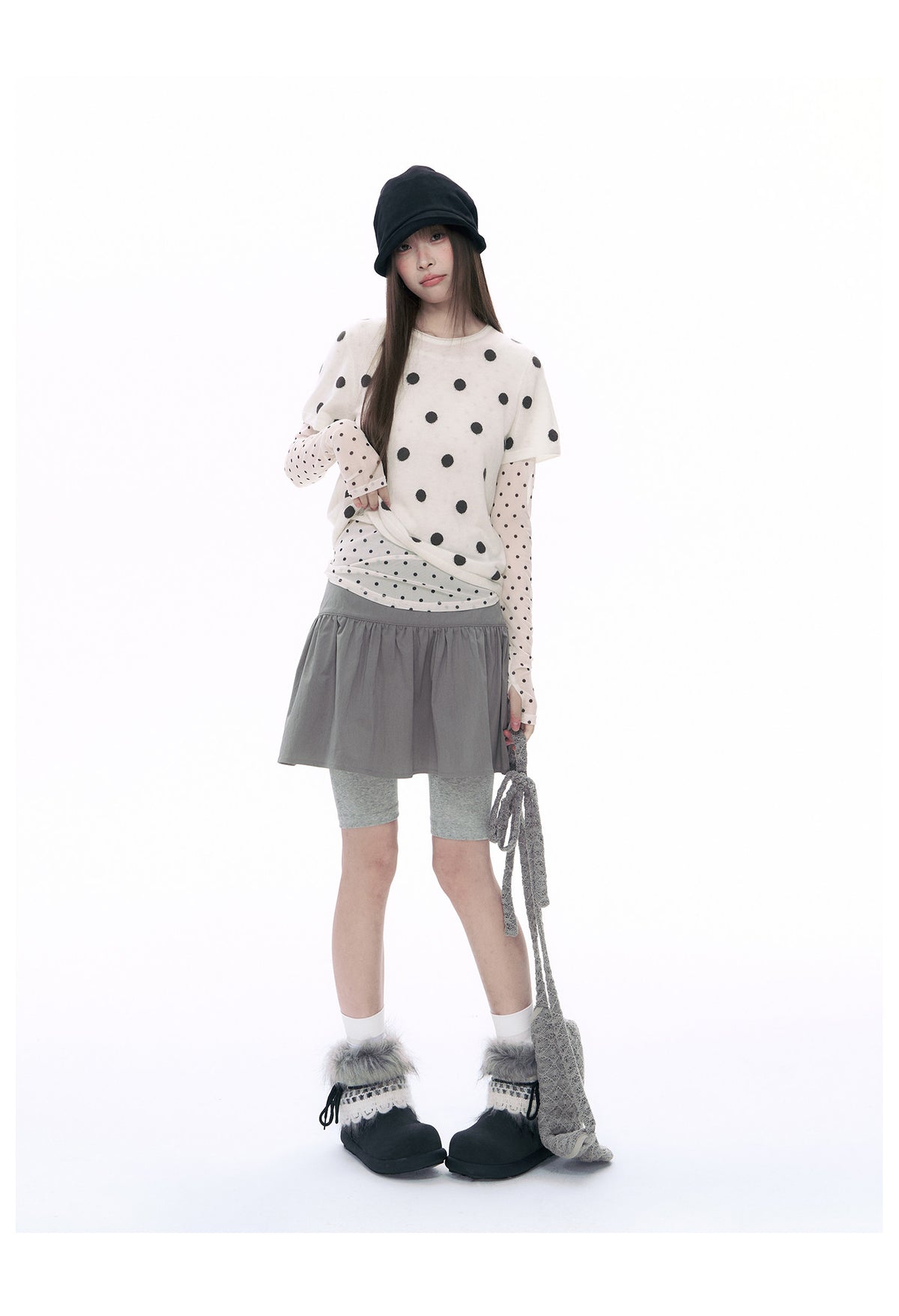 Polka Dot Wool-Blend Short Sleeve Knit Top