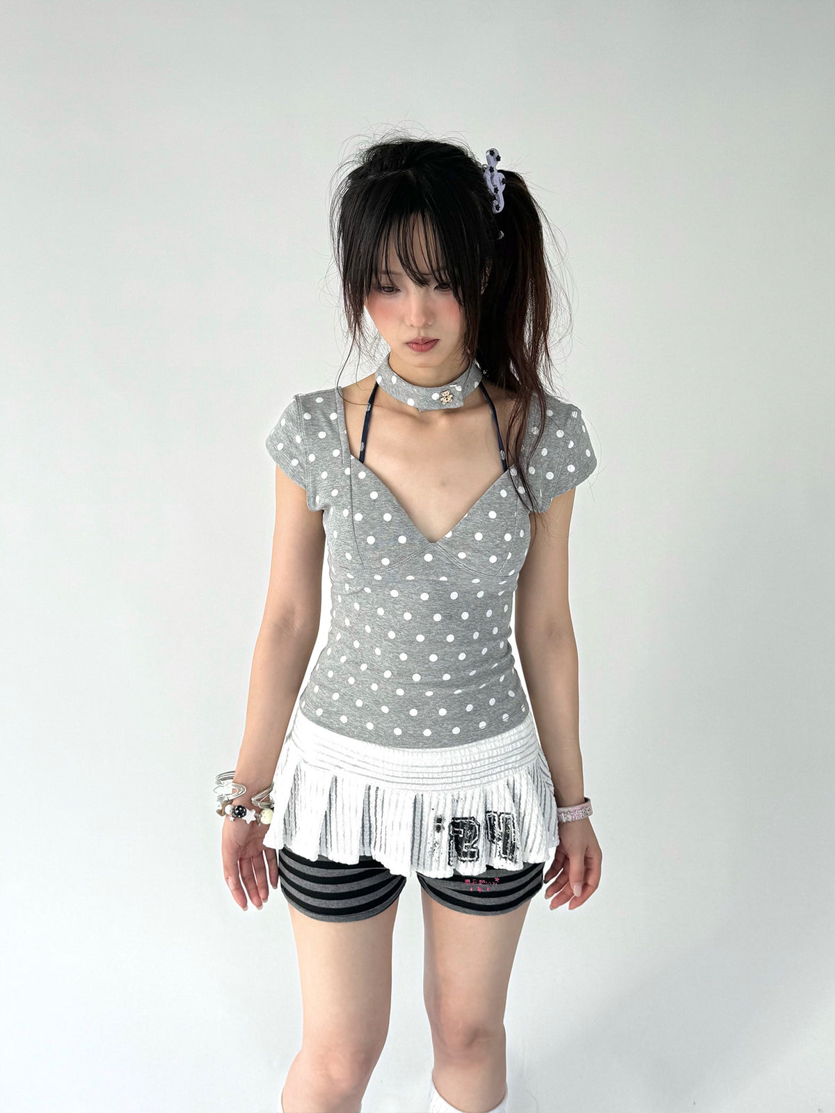 Polka Dot V-Neck Fitted Tee with Choker