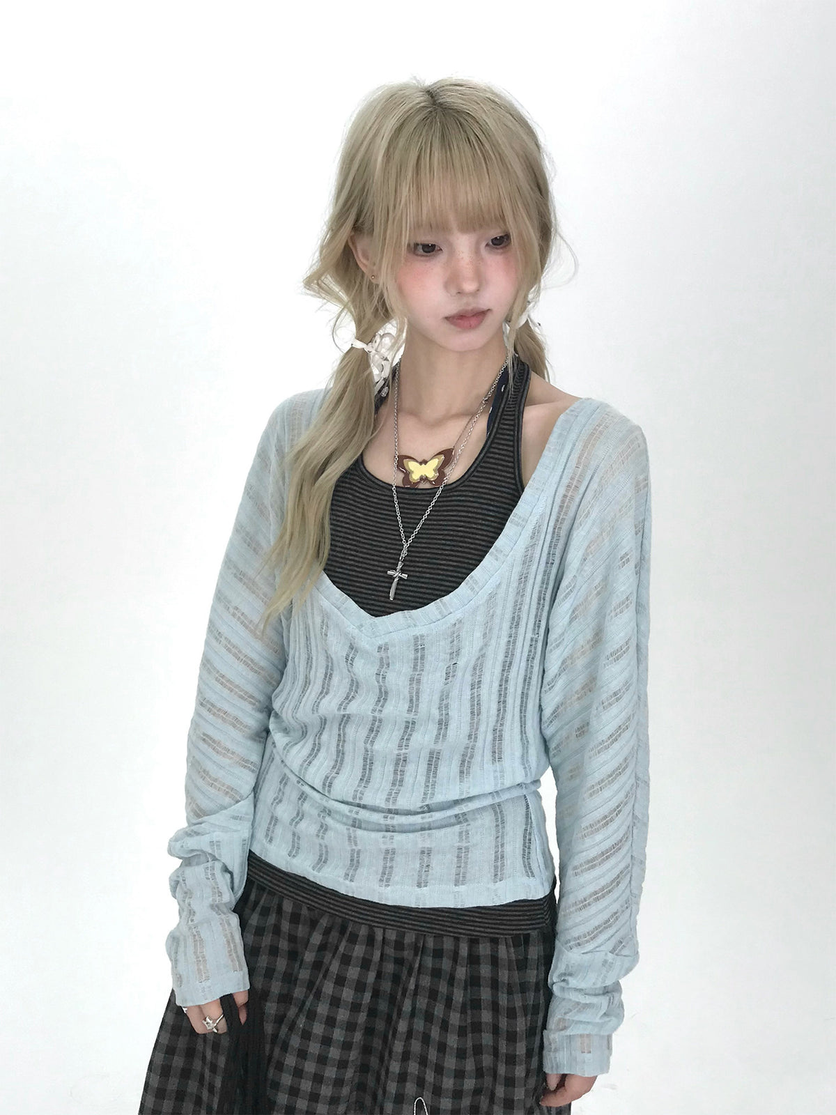 Icy Blue Striped Halter-Layered Long Sleeve Top