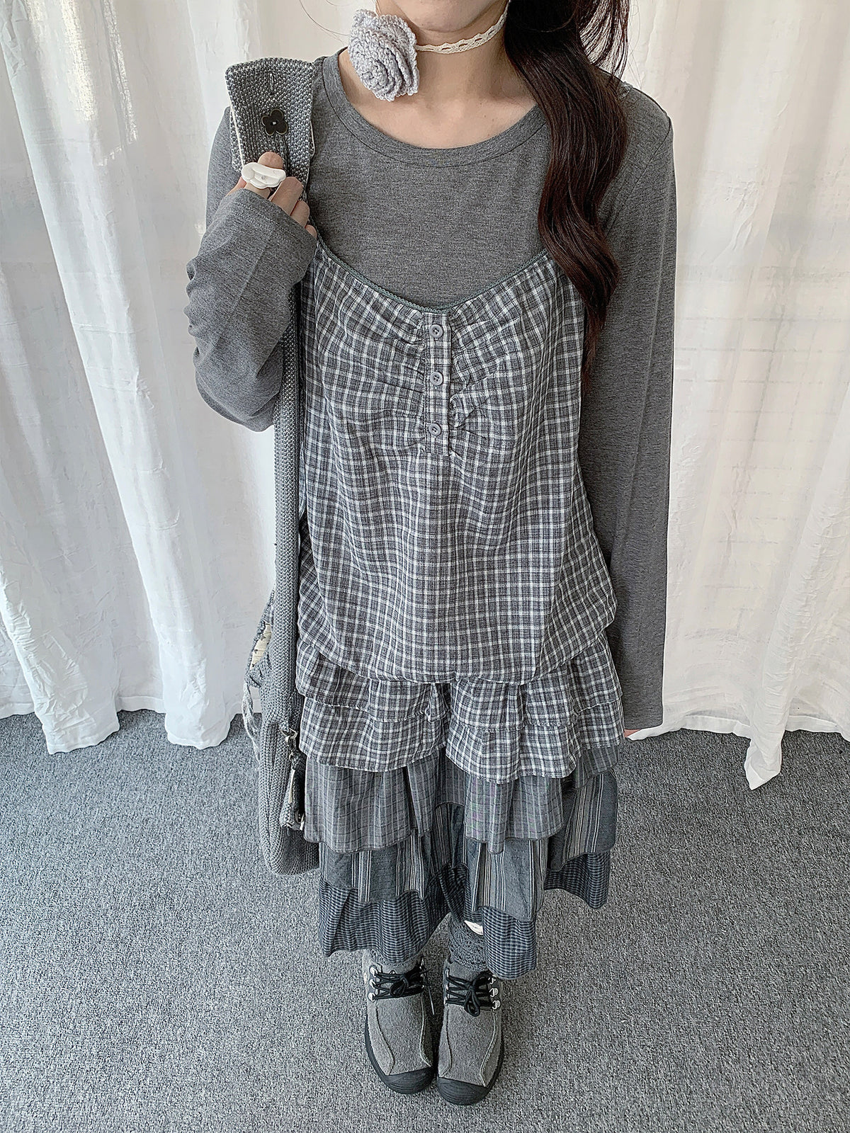 Gray Plaid Cami & Long Sleeve Layered Top Set