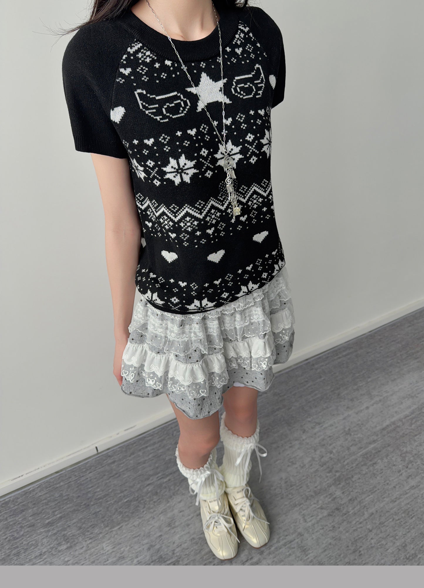 Star Wing Fair Isle Short-Sleeve Knit Top