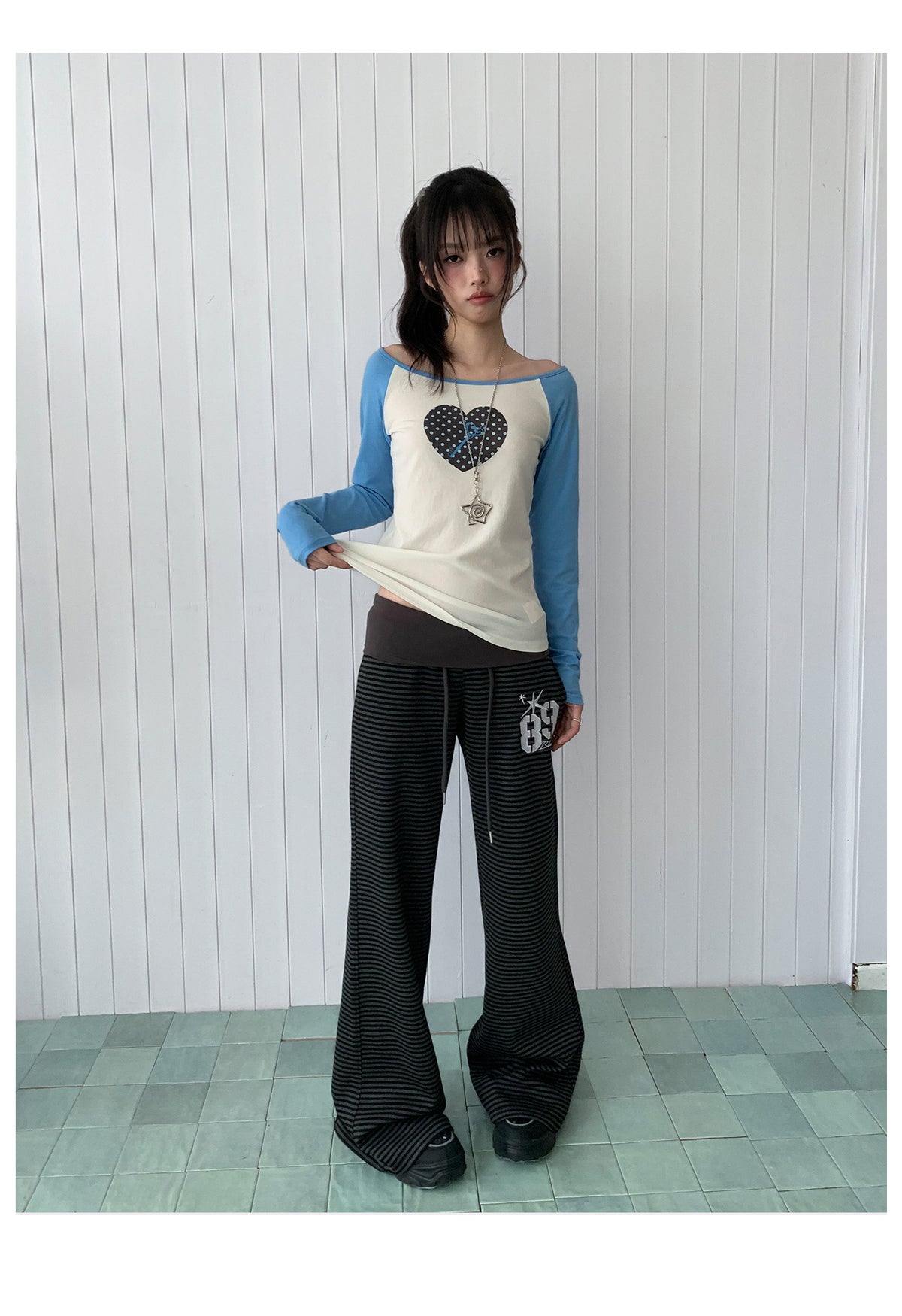 Polka Dot Heart Key Contrast Raglan Long Sleeve Tee