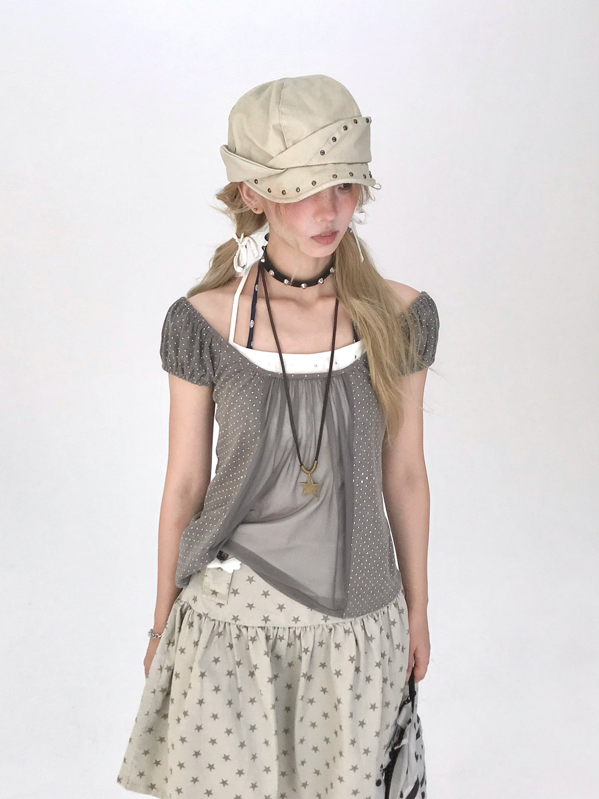 Polka Dot Mesh Panel Faux-Layered Short Sleeve Top