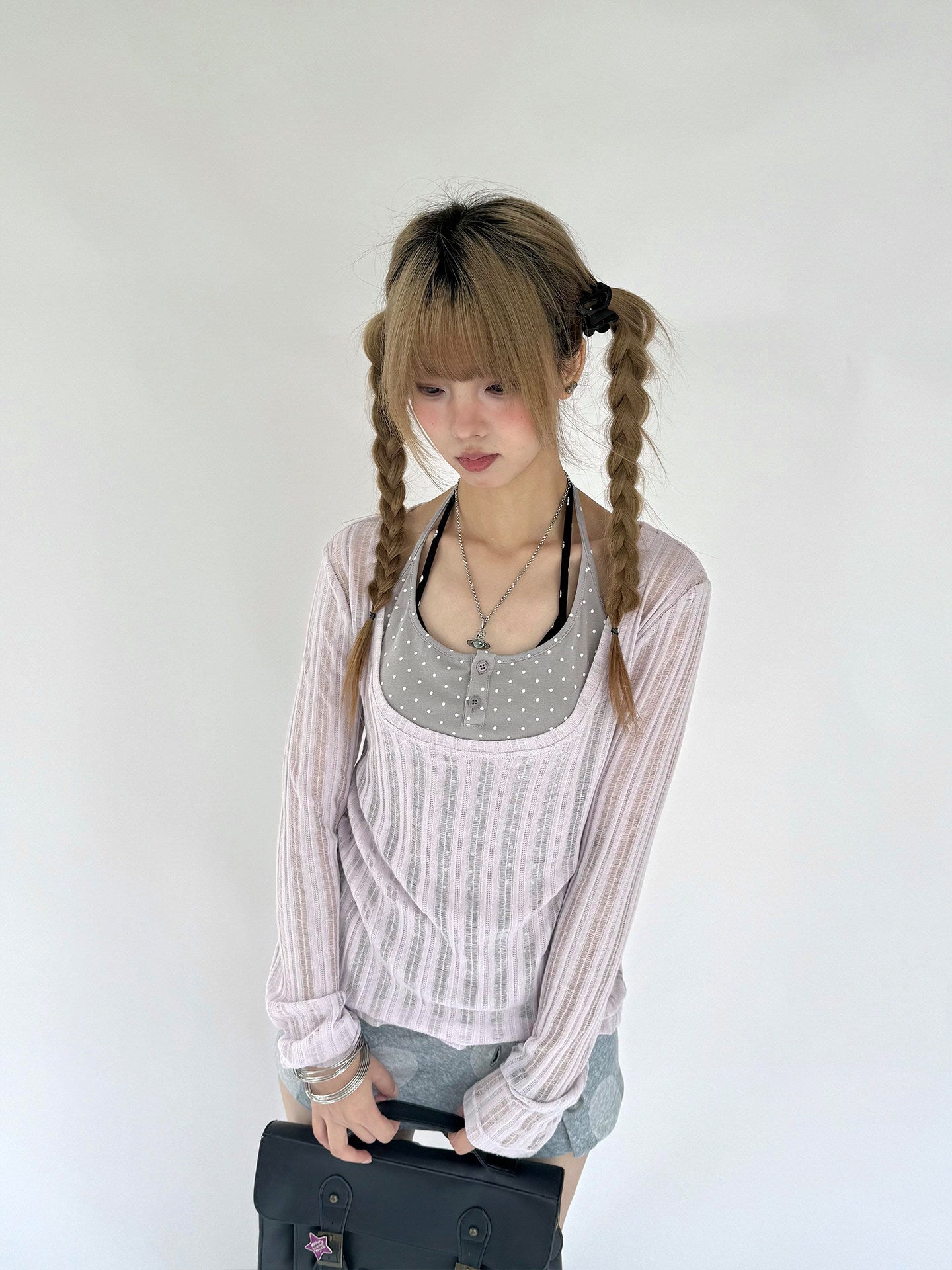 Wisteria Open-Knit Faux-Layer Long Sleeve Top