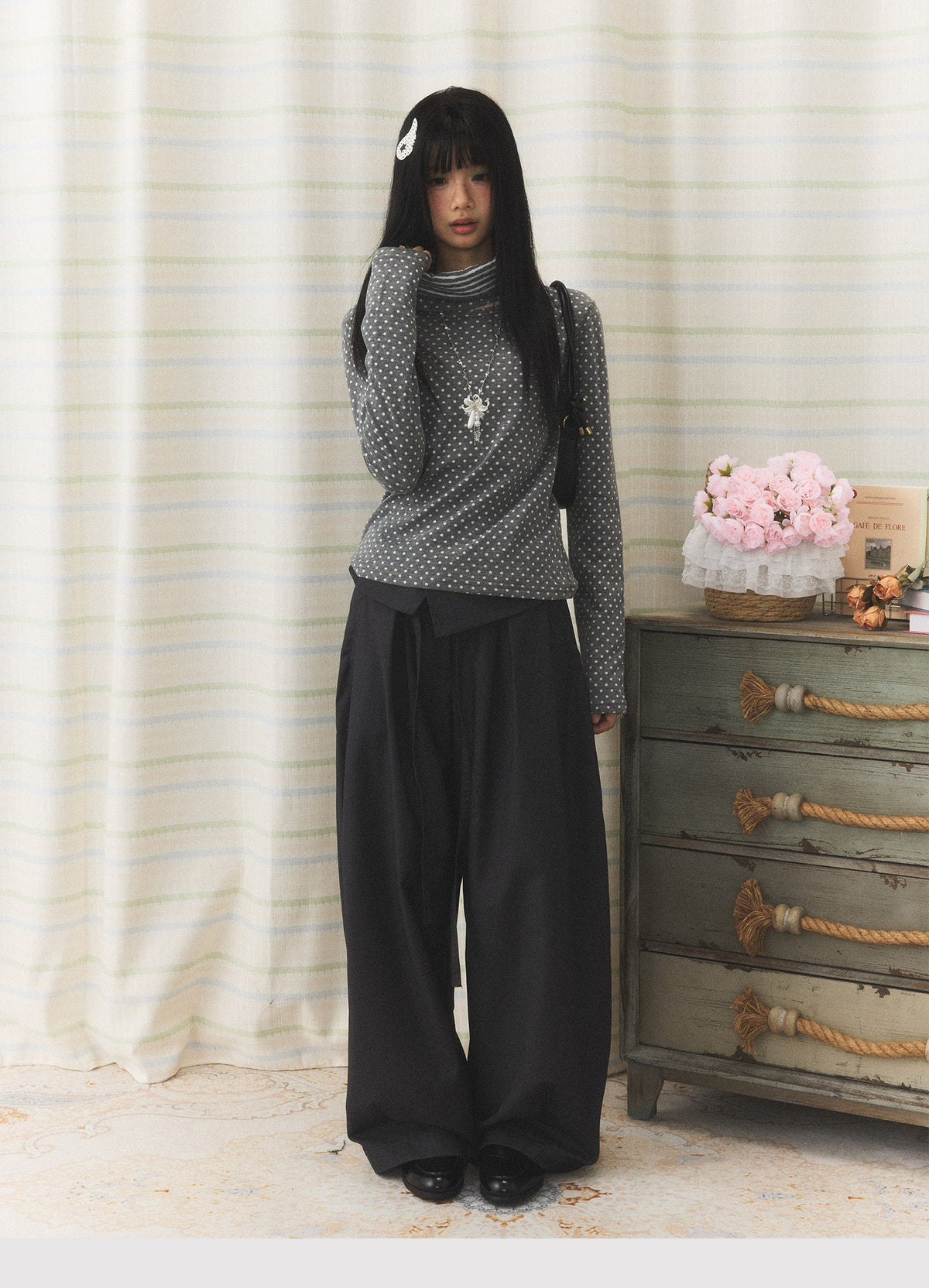 Foldover Tie Wide-Leg Trousers