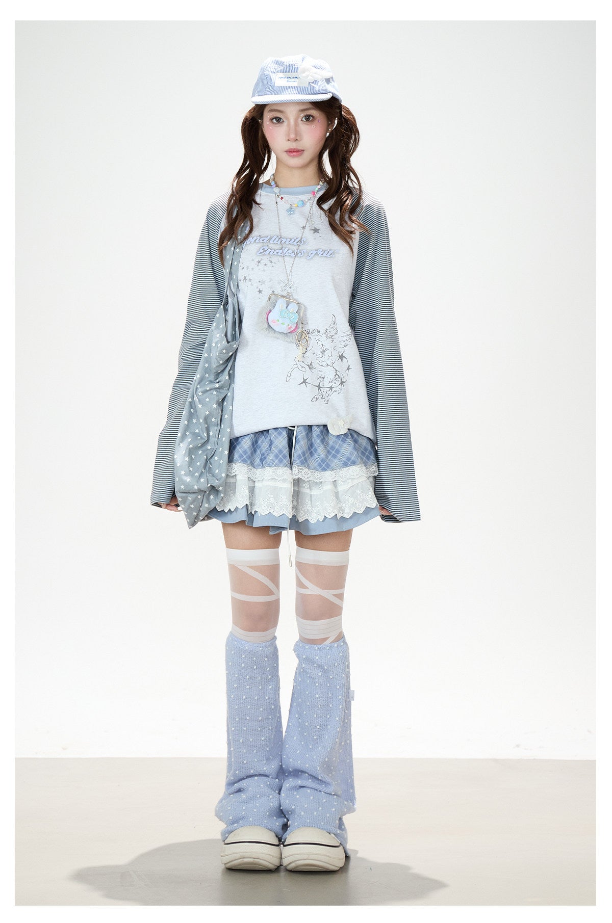 Striped Raglan Angel Graphic Long Sleeve Tee & Blue Plaid Lace Ruffle Skirt