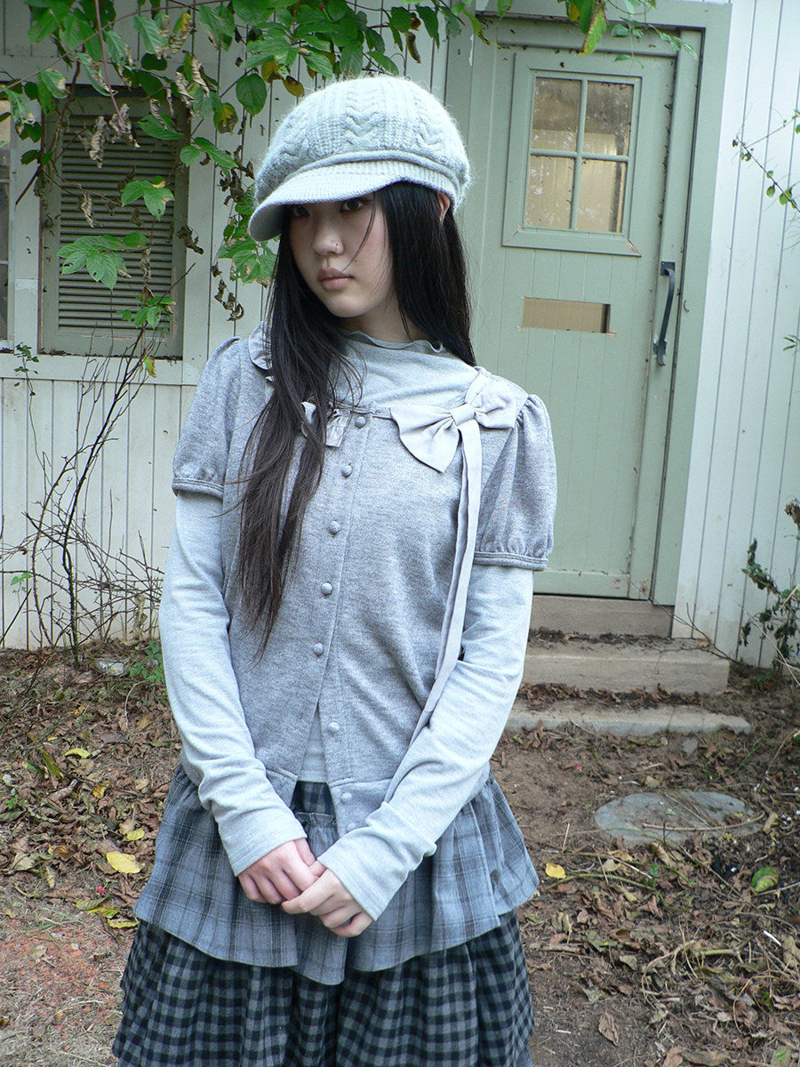 Bow-Detail Knit Cardigan & Long Sleeve Two-Piece Set