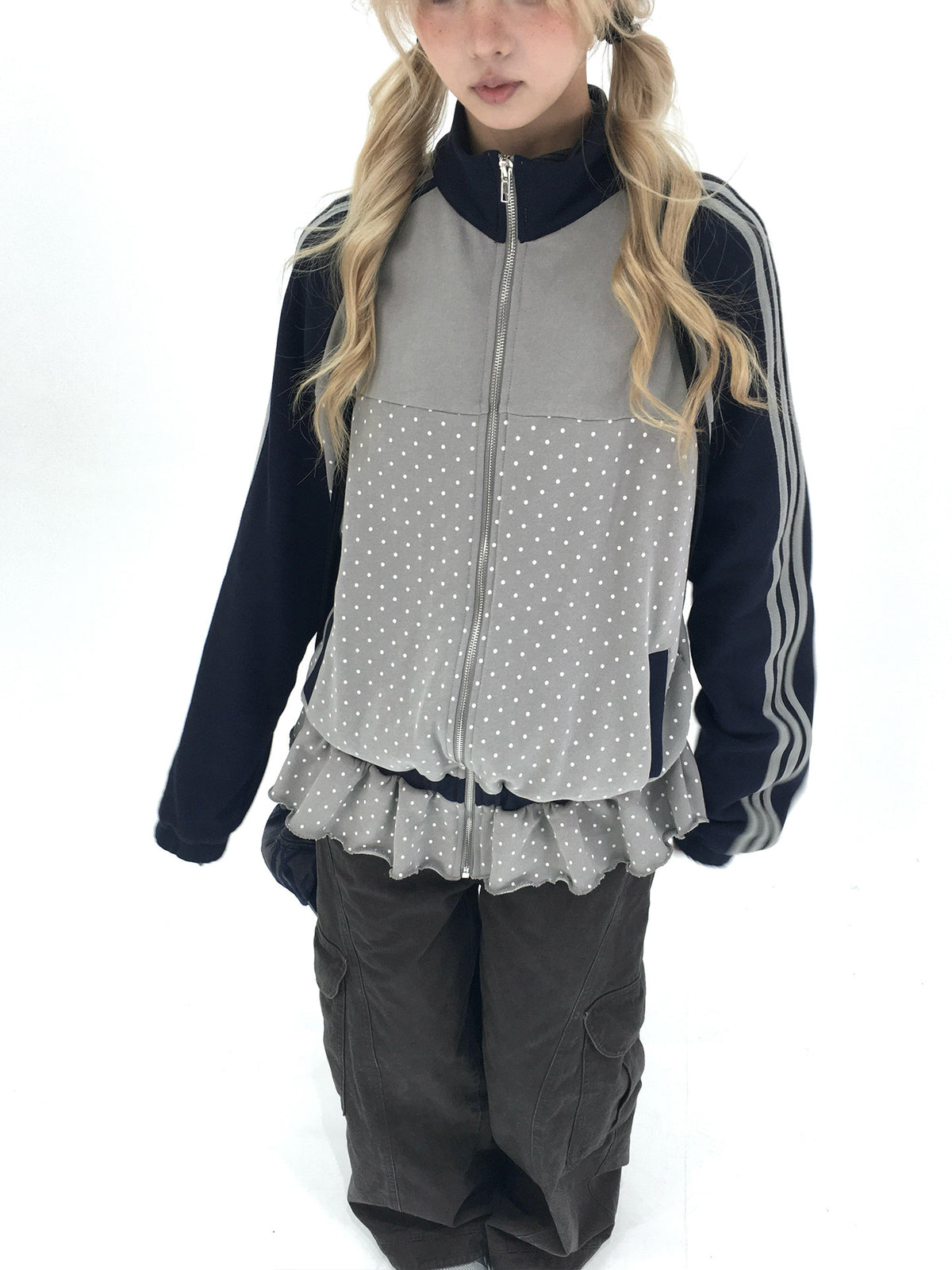 Gray Polka Dot Triple-Stripe Ruffle Zip Jacket