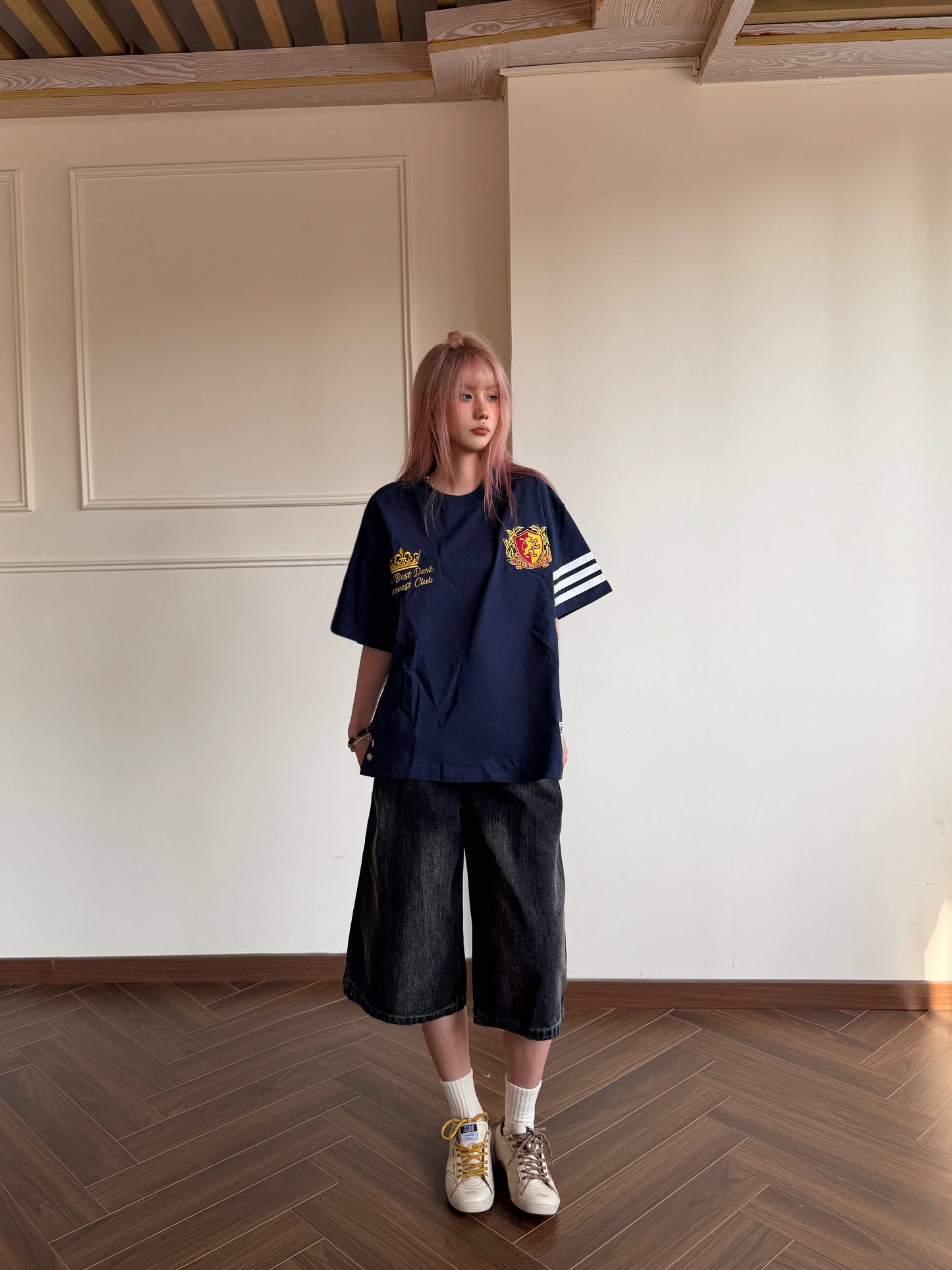 College Snap Button Tee — Stripe Sleeve Loose Fit