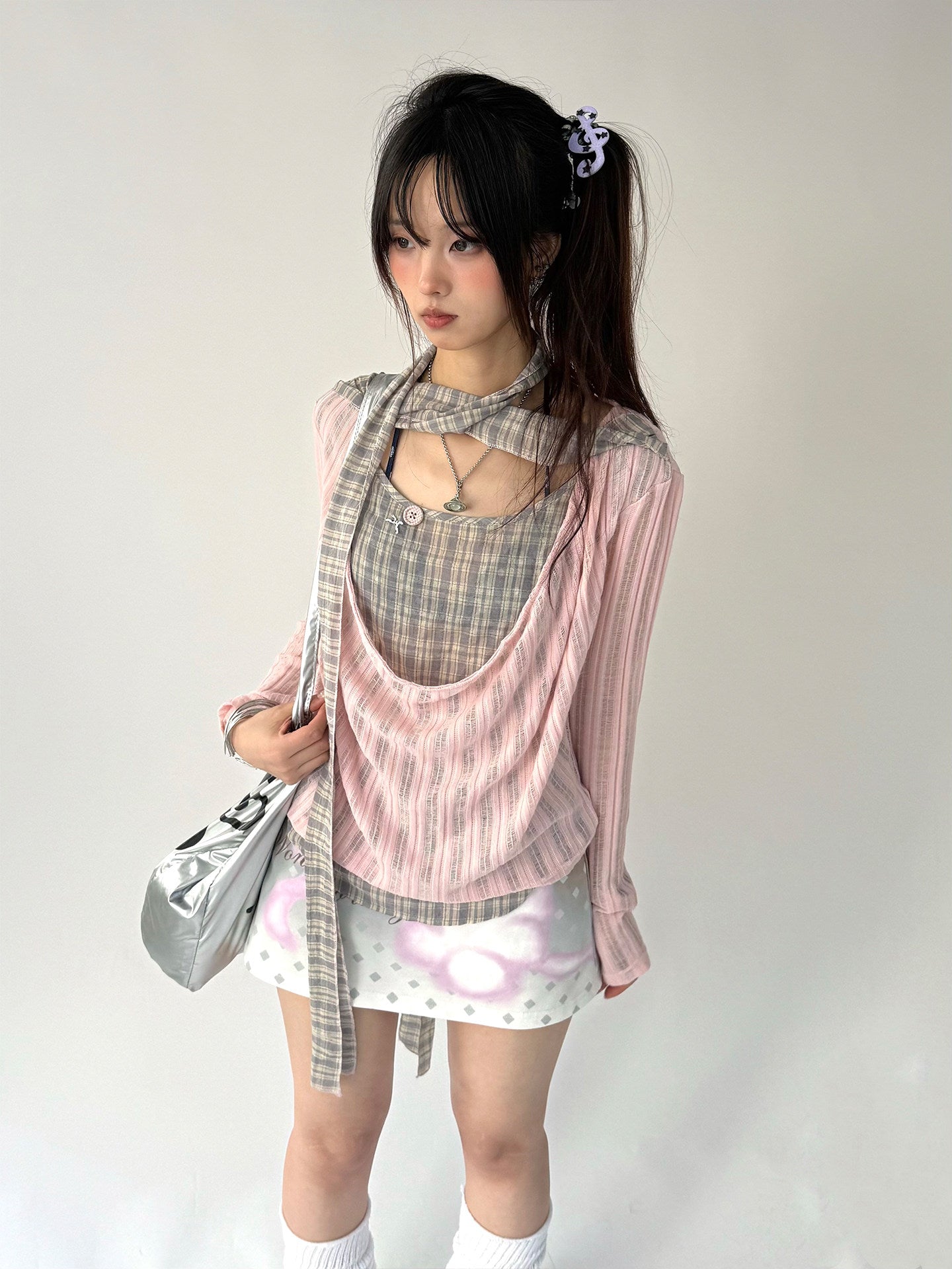 Dusty Pink Plaid Cowl-Neck Layered Top