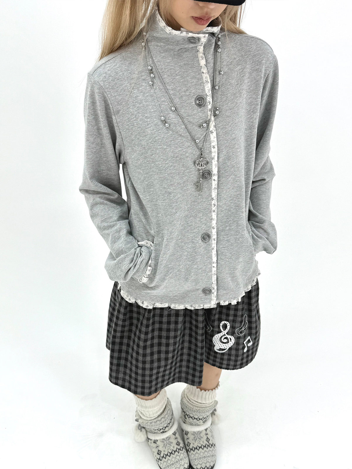 Floral-Trim Stand Collar Button Cardigan