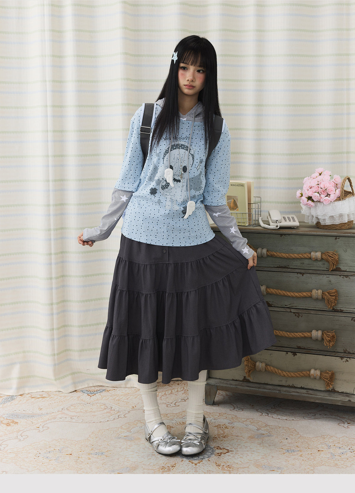 Cartoon Star Print Faux-Layer Hooded Top