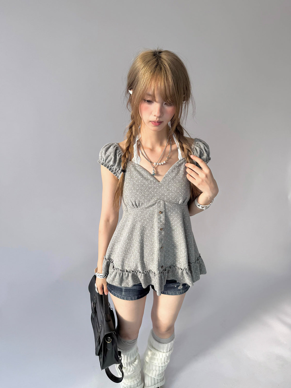 Polka Dot Lace Halter Ruffle Tee