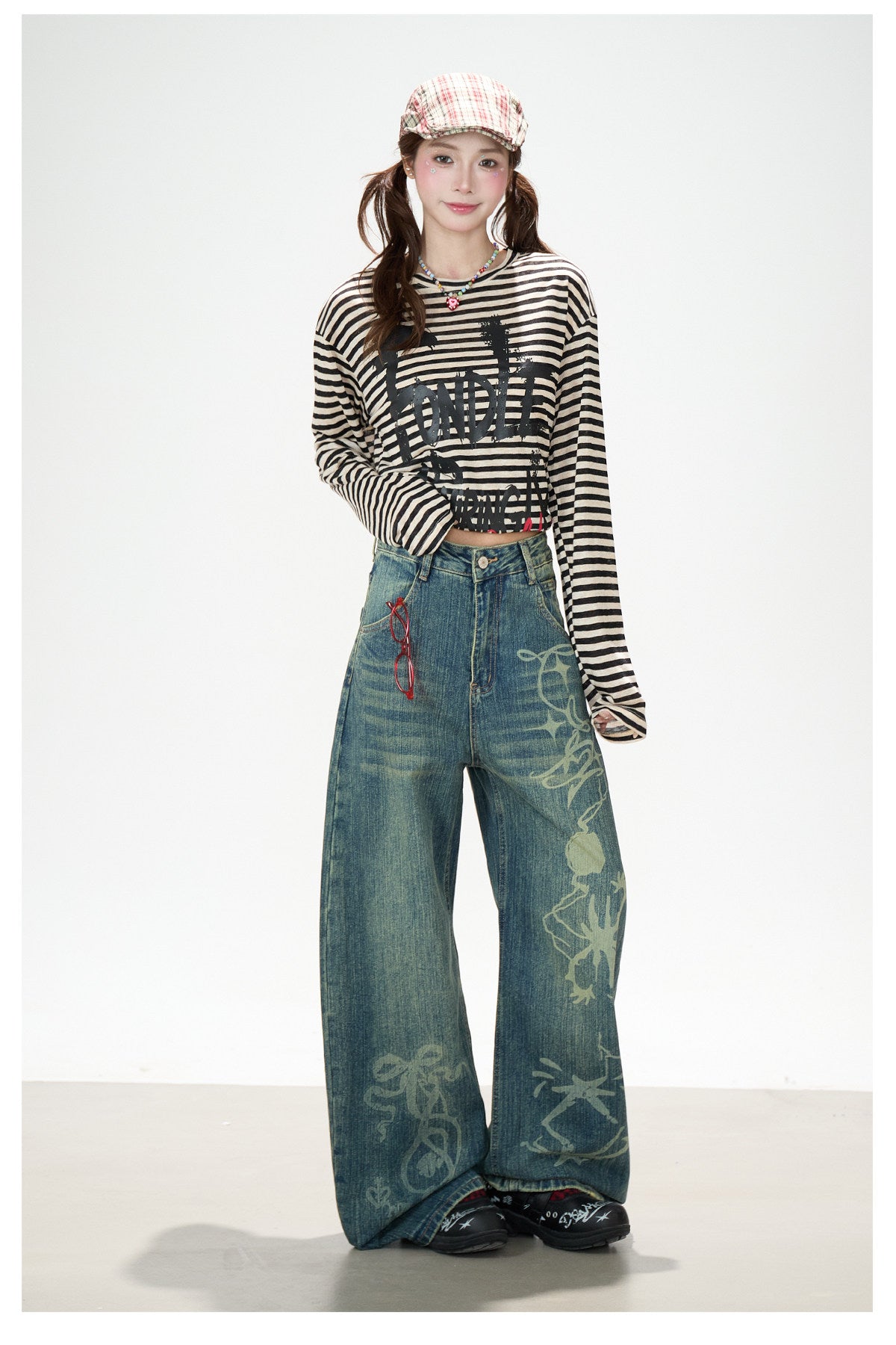 Distressed Striped Long Sleeve Top & Graphic Wide-Leg Pants