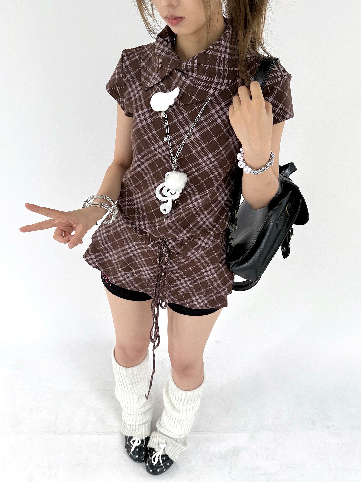 Brown Plaid Drawstring Ruffle-Collar Tunic Top