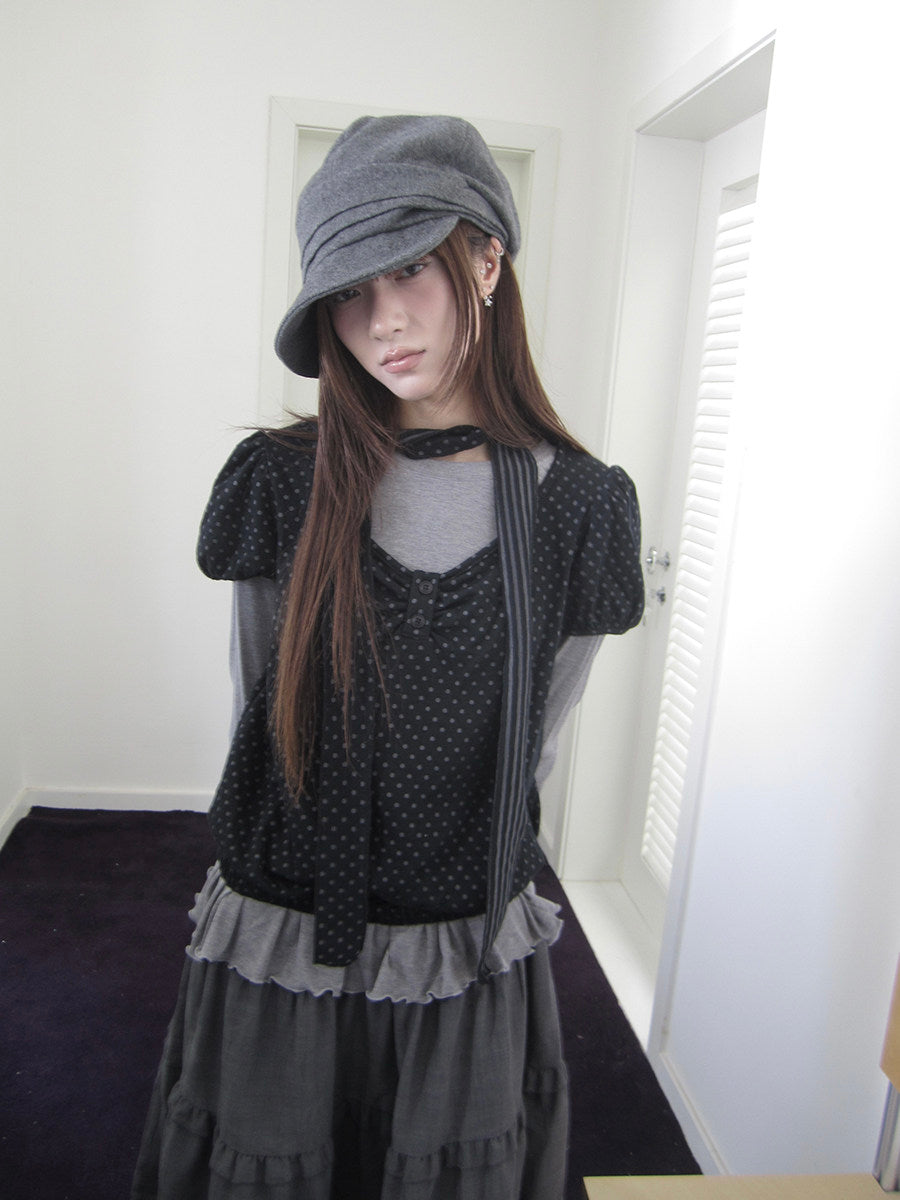 Polka Dot Layered Two-Piece Top Set with Scarf
