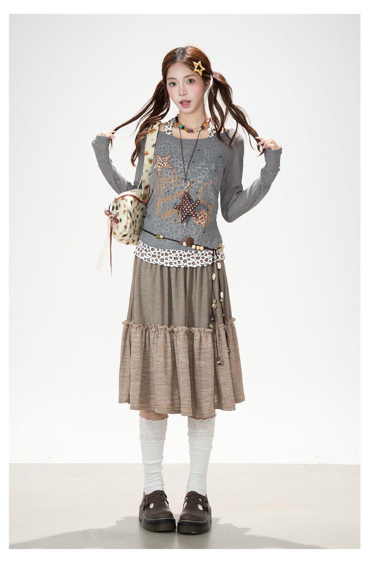 Leopard Faux-Layer Graphic Long Sleeve Top & Striped Tiered Ruffle Midi Skirt