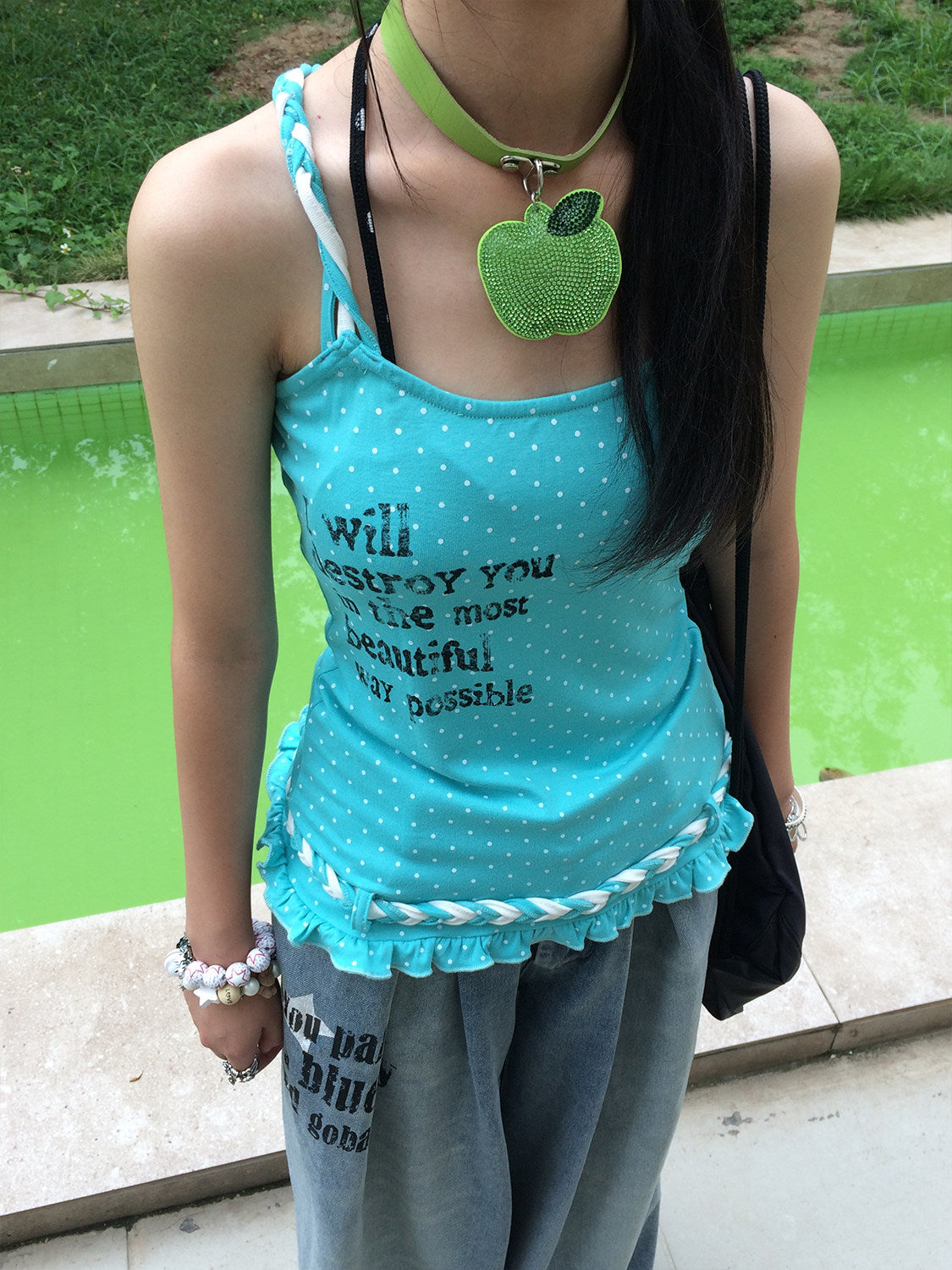Aqua Polka Dot Braided Ruffle Tank Top