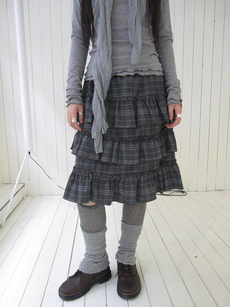 Vintage Gray Plaid Tiered Ruffle Skirt