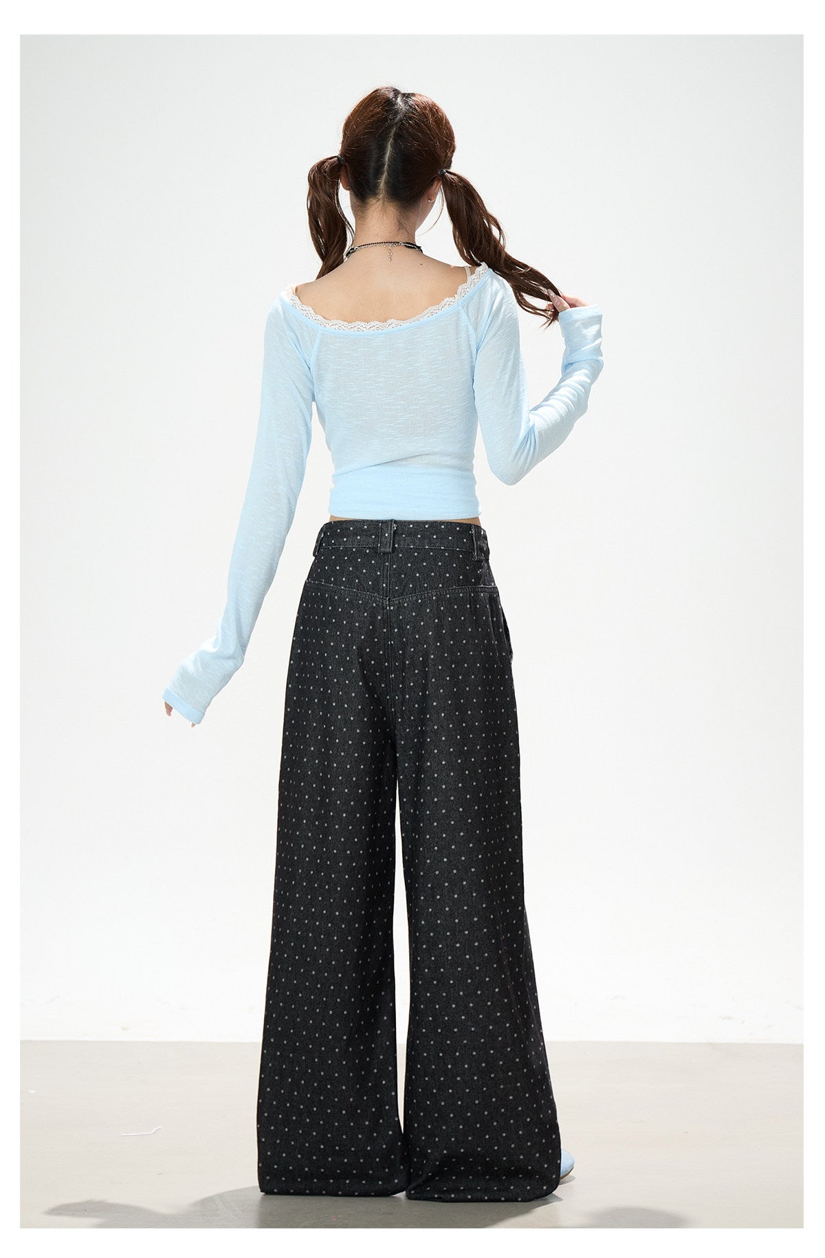 Dolphin Embroidered Polka Dot Wide-Leg Jeans