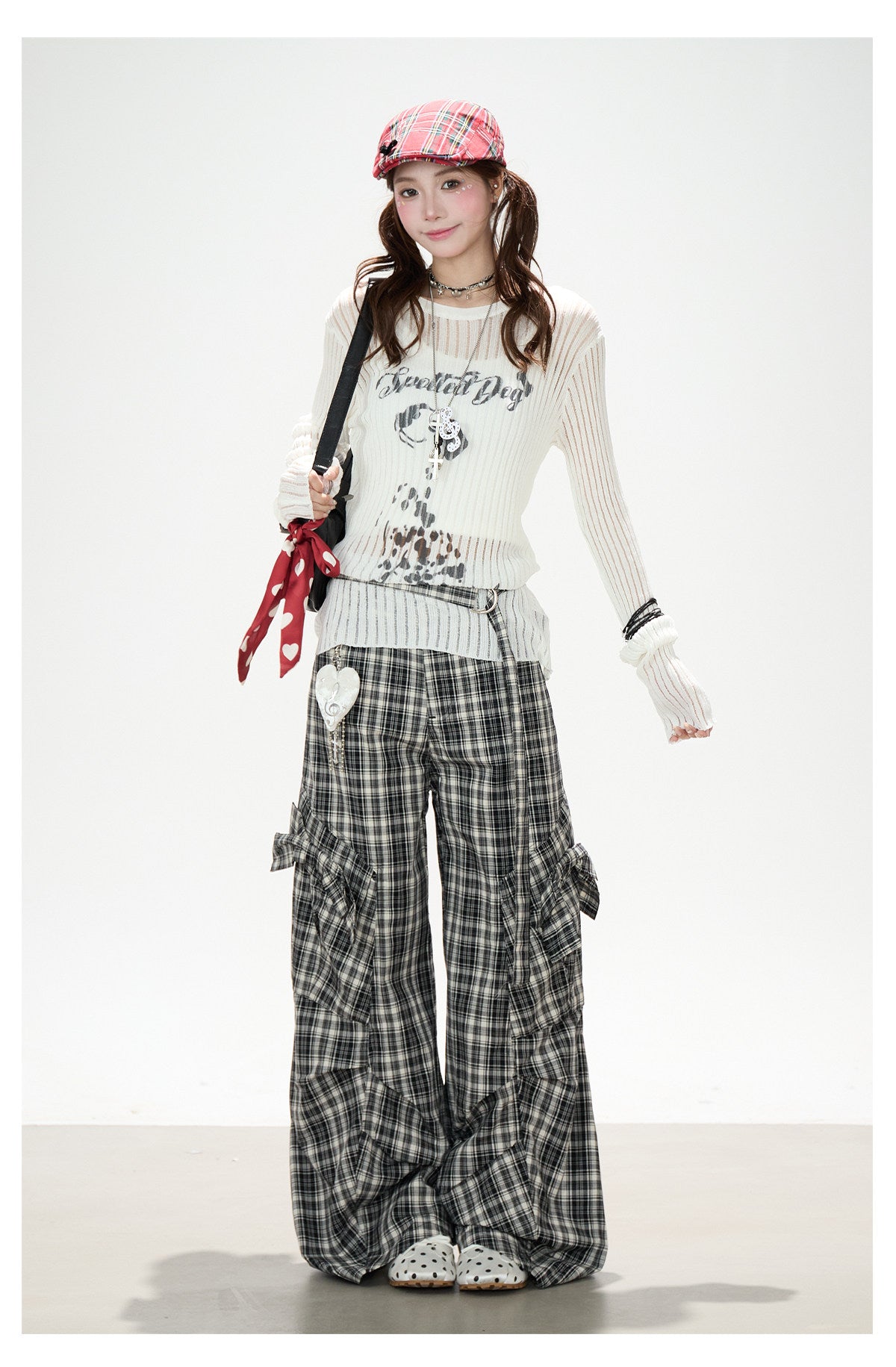 Bow Plaid Cargo Wide Leg Pants