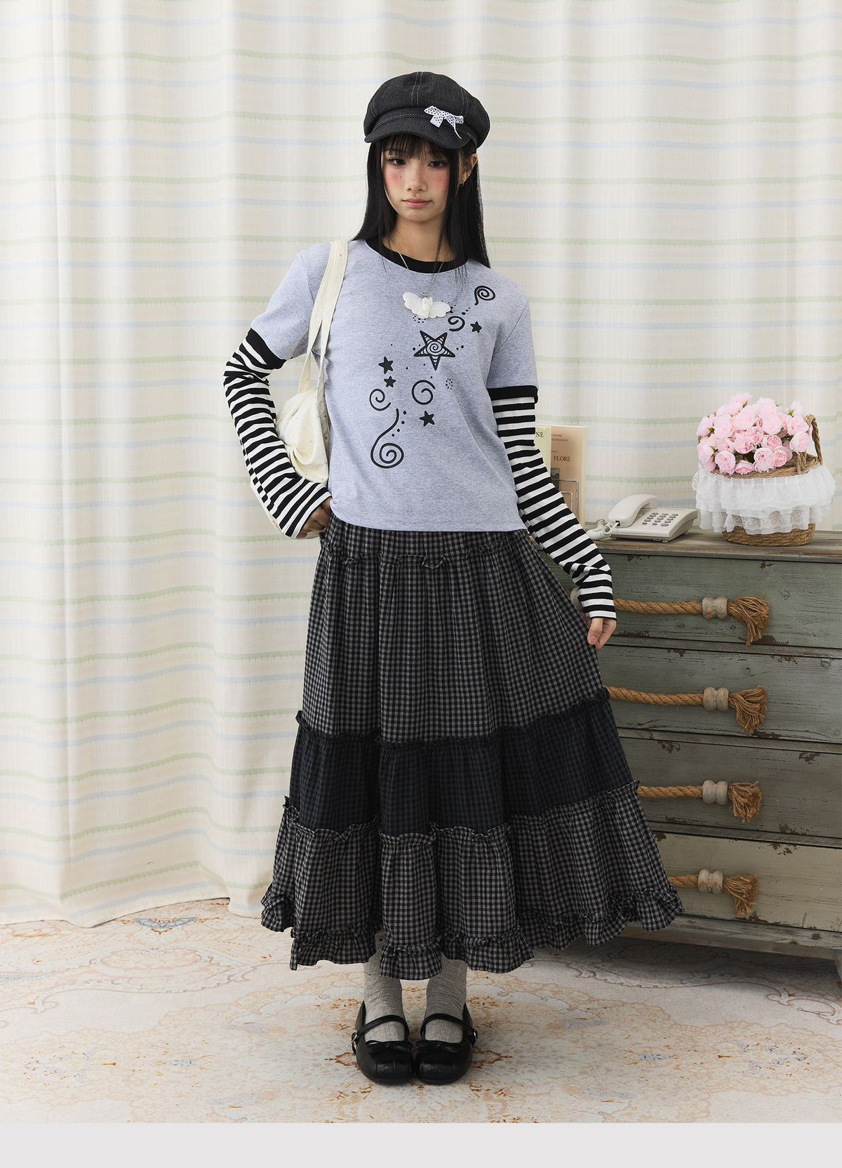 Star Swirl Striped Faux-Layer Long Sleeve Top