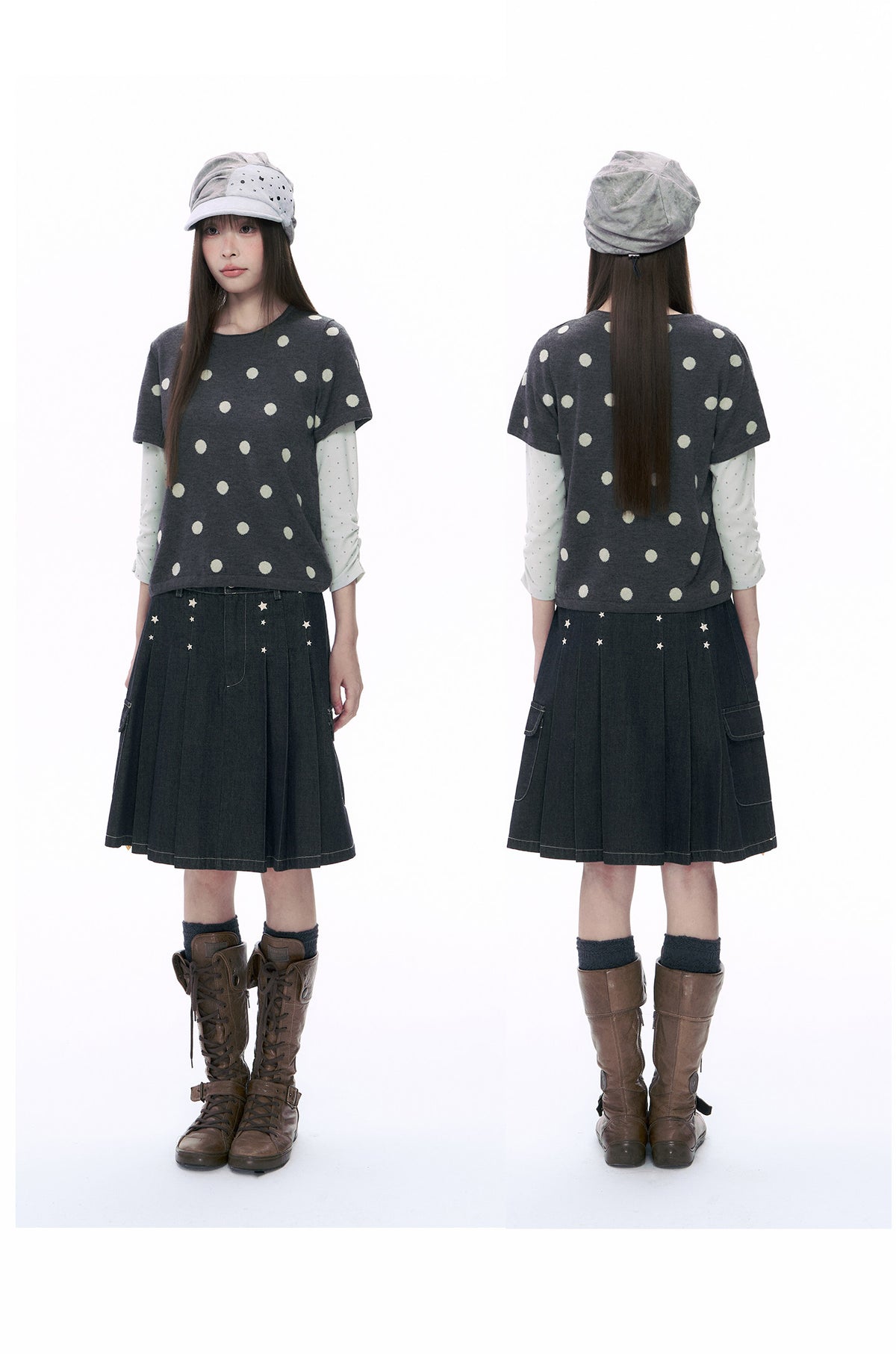 Embroidered Star Pleated Denim Midi Skirt