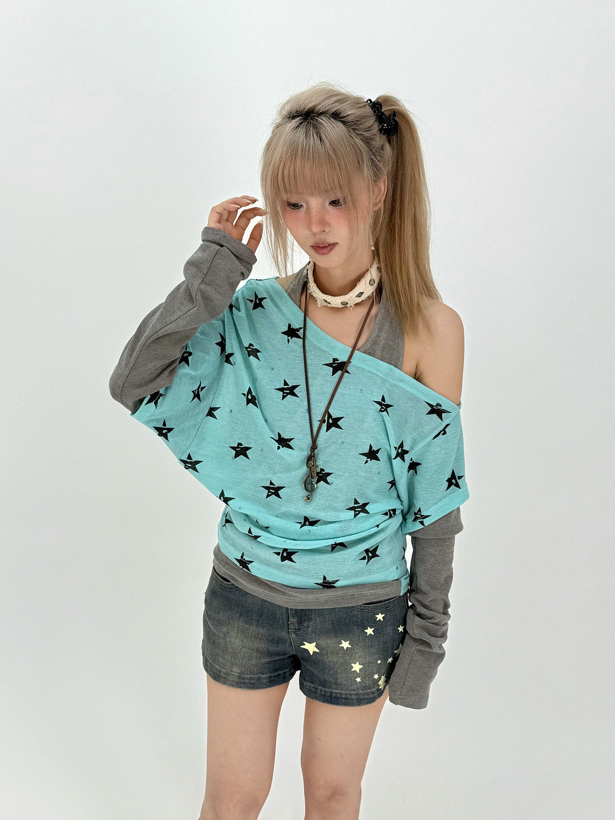 Star Print Faux-Layered Off-Shoulder Long Sleeve Top