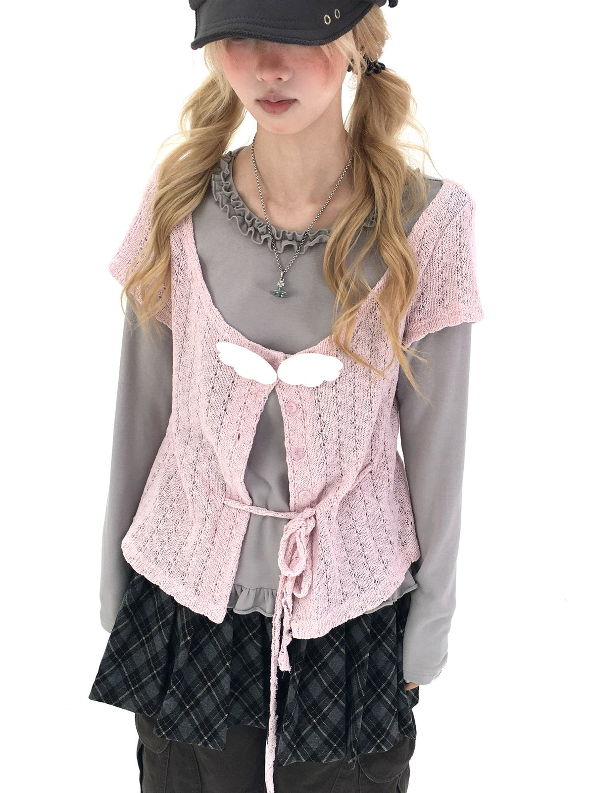 Blush Angel Wing Faux-Layer Knit Long Sleeve Top