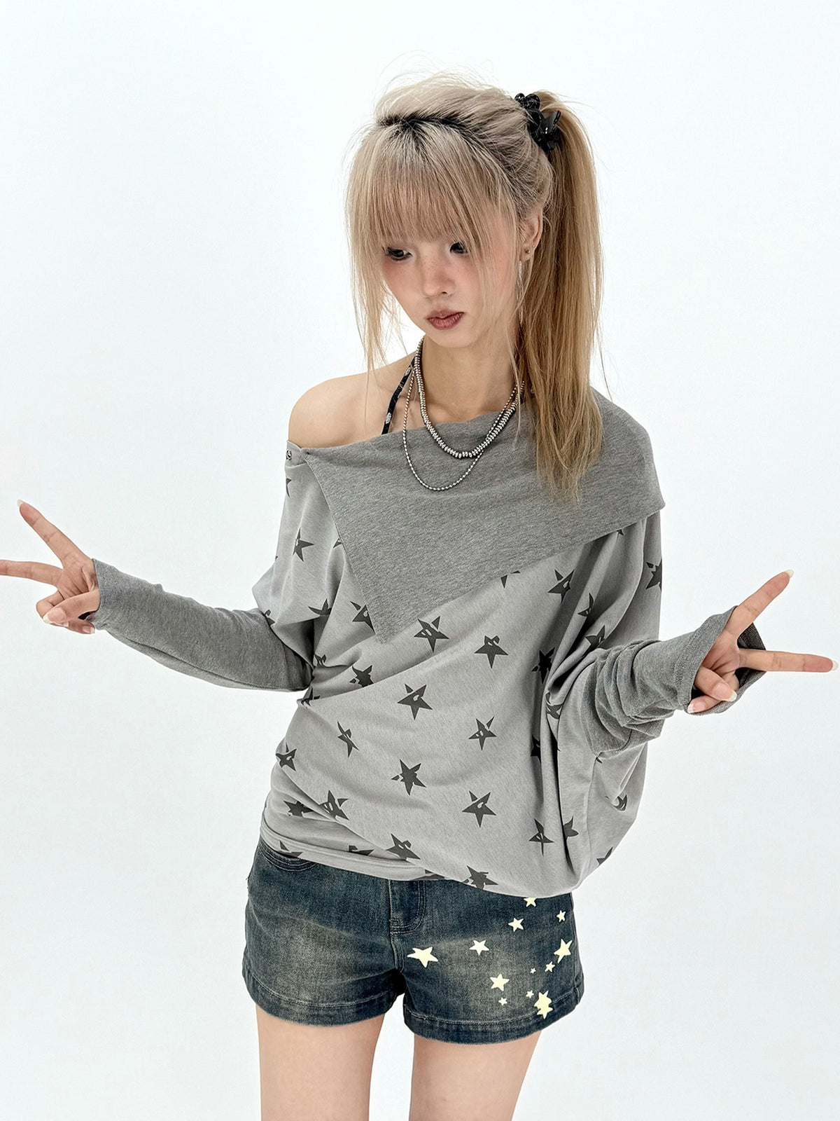 Star Print Draped Off-Shoulder Long Sleeve Top