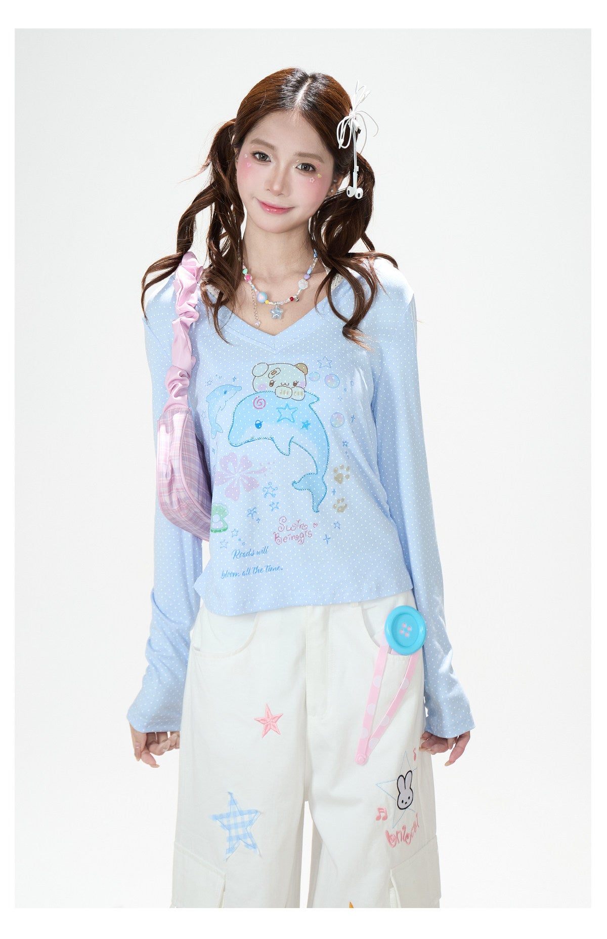 Dreamy Dolphin Polka-Dot V-Neck Long Sleeve Top & Gingham Ruffle Mini Skirt