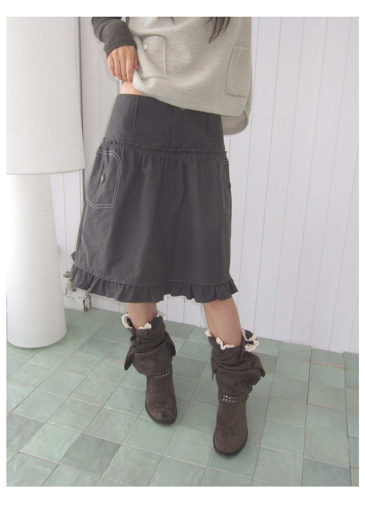 Contrast-Stitch Ruffle-Hem Utility Mini Skirt
