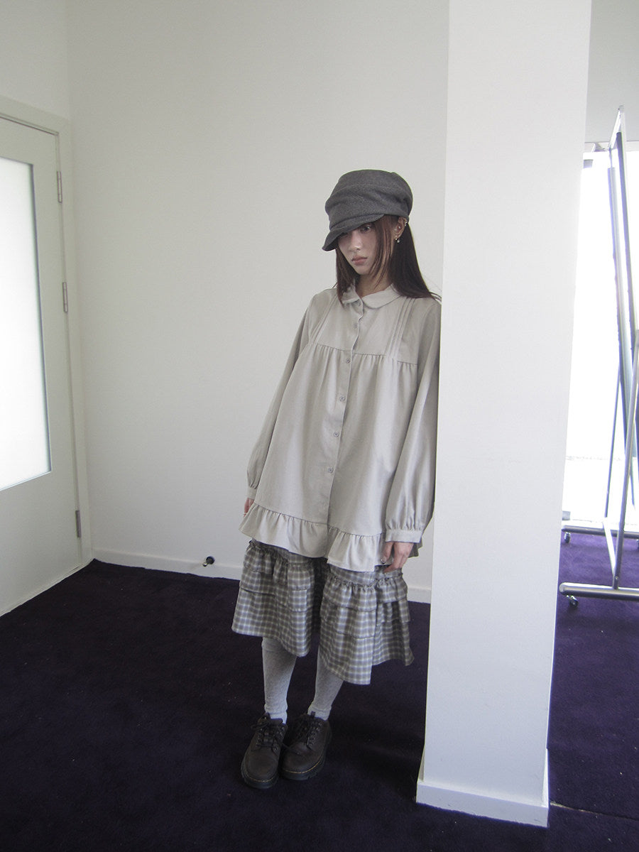 Pleated Ruffle Hem Button-Up Long Sleeve Blouse