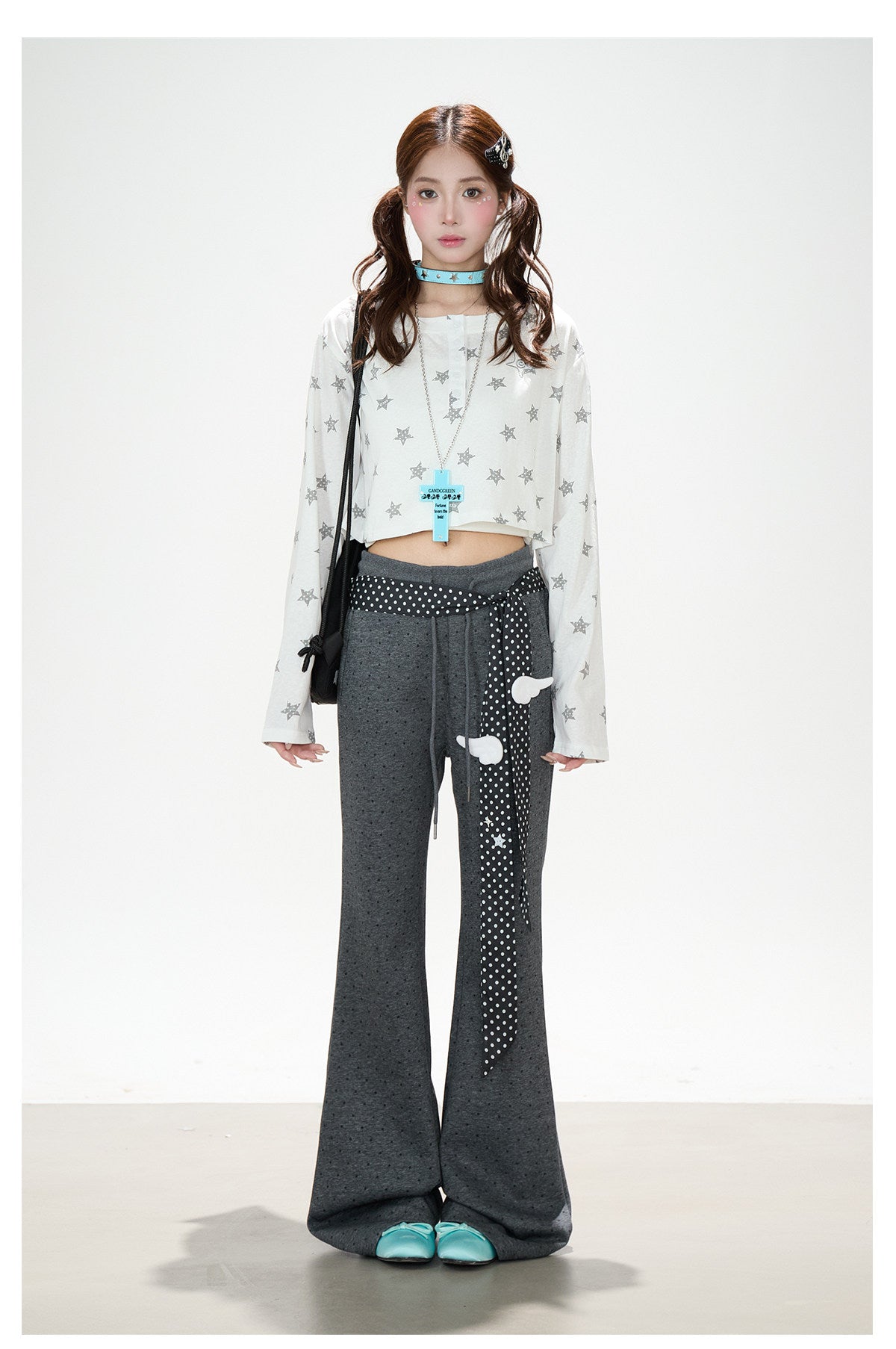 Allover Star Cropped Long Sleeve Top & Dark Heather Gray Wide Leg Pants