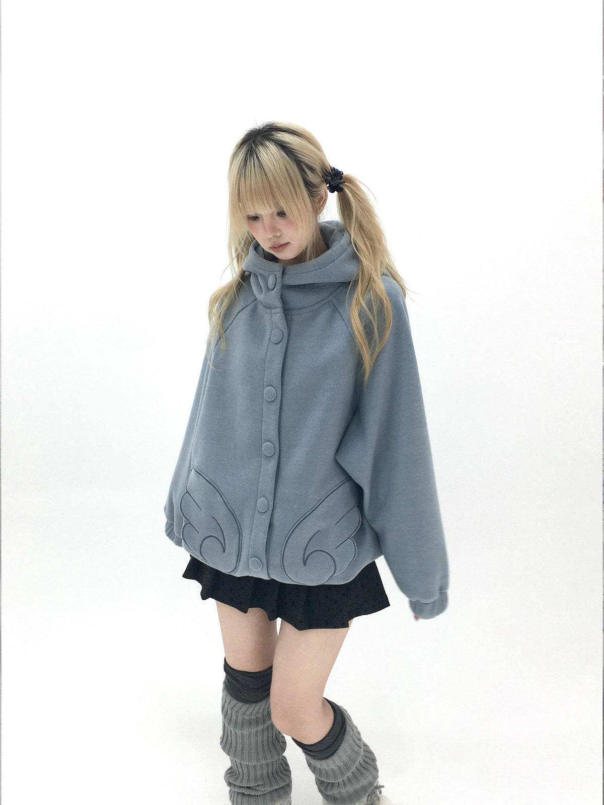 Dusty Blue & Ivory Fleece-Lined Cat Ear Wing Pocket Hooded Jacket