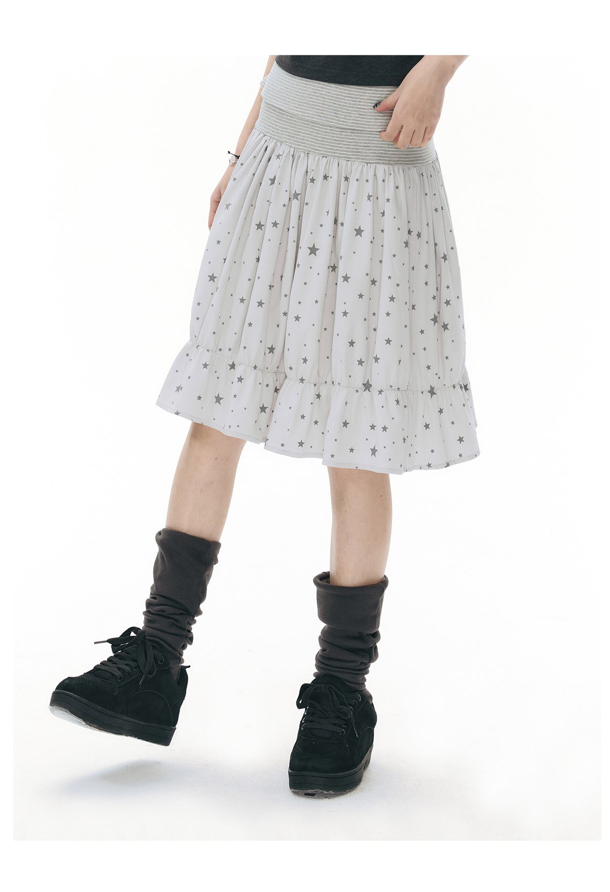 Star Print Striped-Waist Ruffle Midi Skirt
