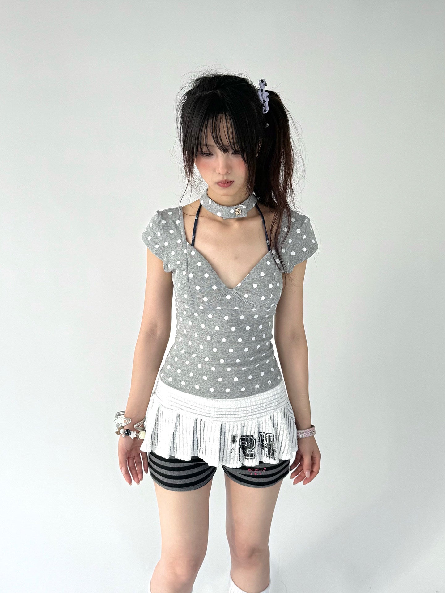 Mechanical Bear Polka Dot V-Neck Fitted Tee with Choker
