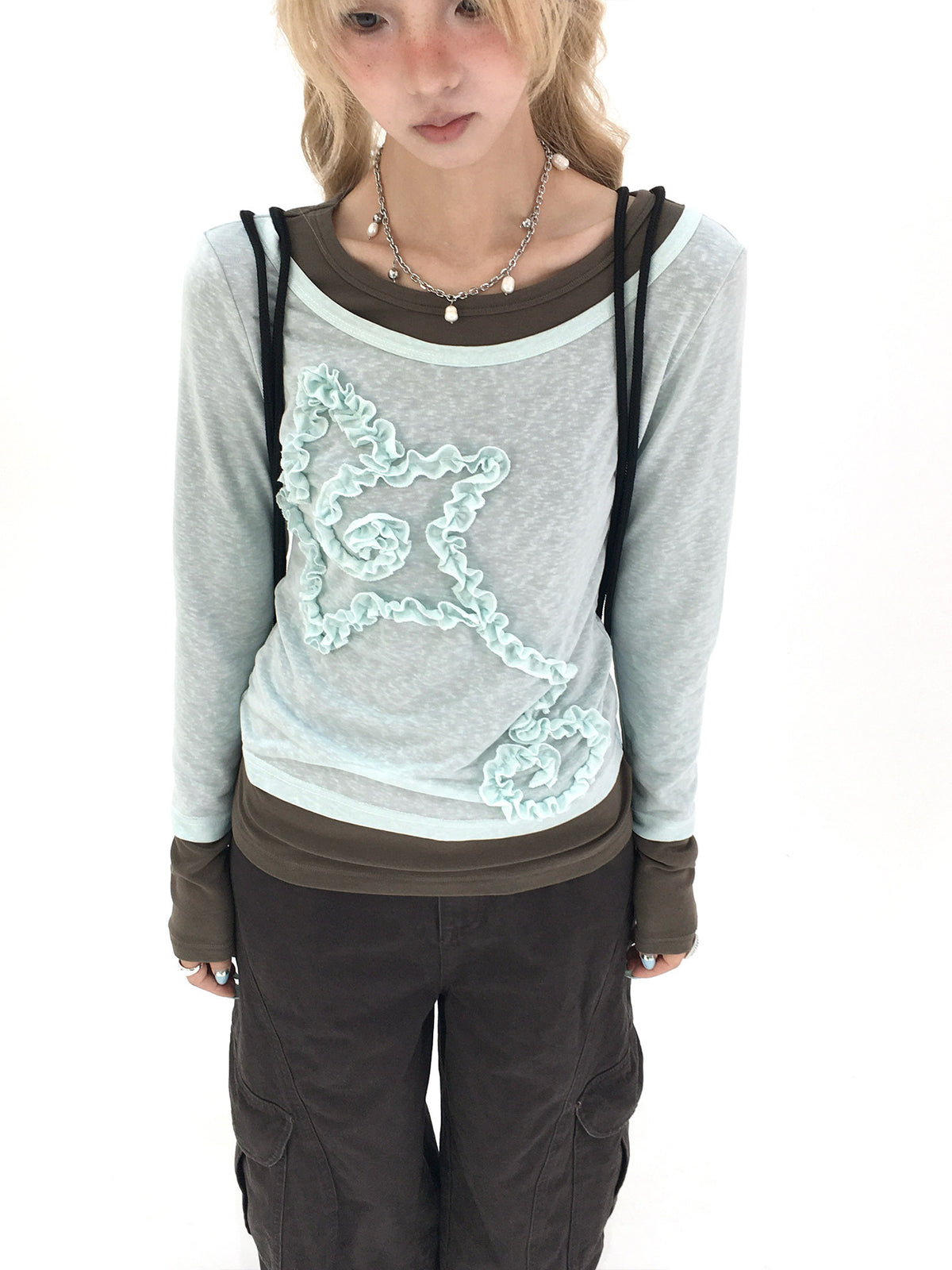 Mist Aqua Ruffle Star Faux-Layer Long Sleeve Top