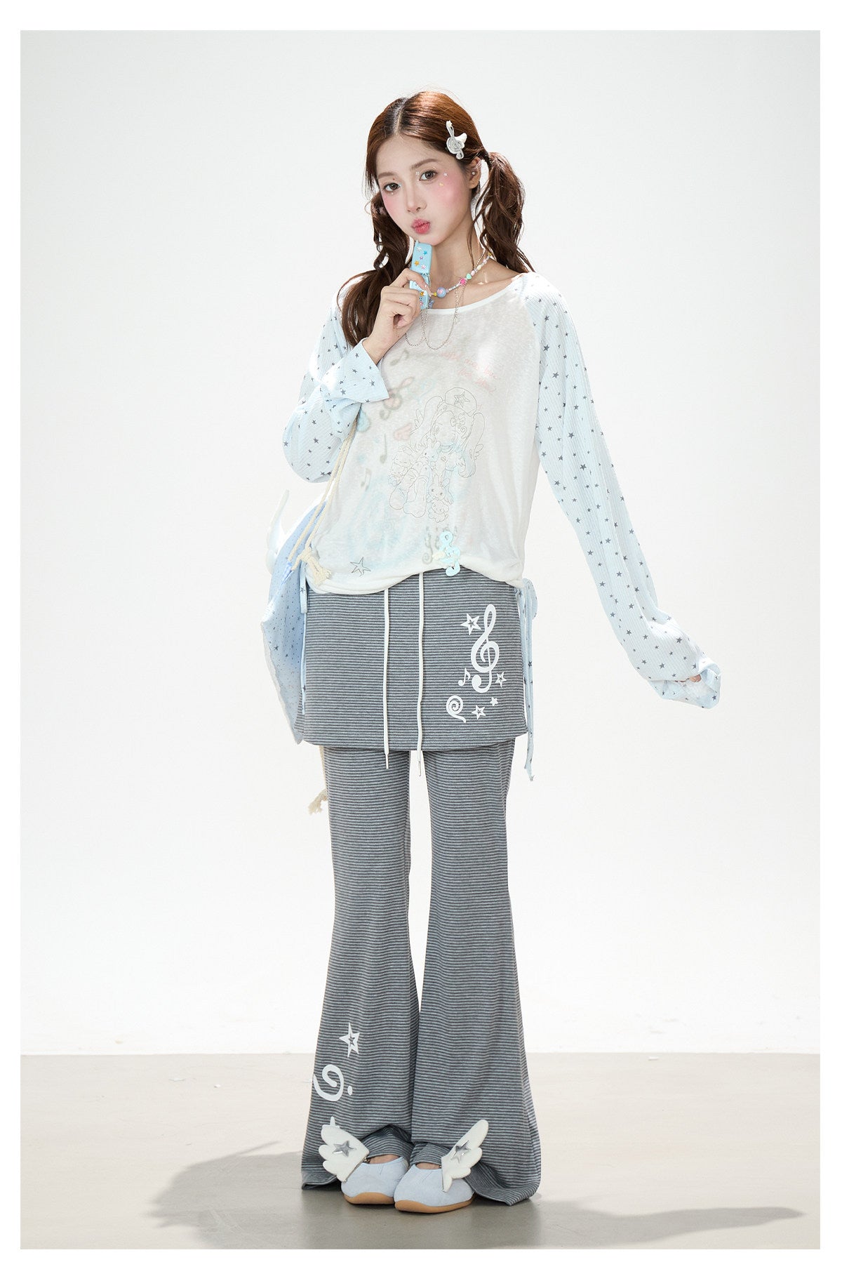 Dreamy Star Raglan Long Sleeve Top & Gray Striped Star Flare Pants